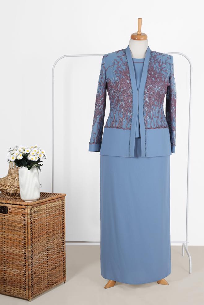 Tesettür giyim LACİVERT TAŞ DETAYLI DESENLİ ÜÇLÜ ETEKLİ TAKIM 30121  - ALVİNA