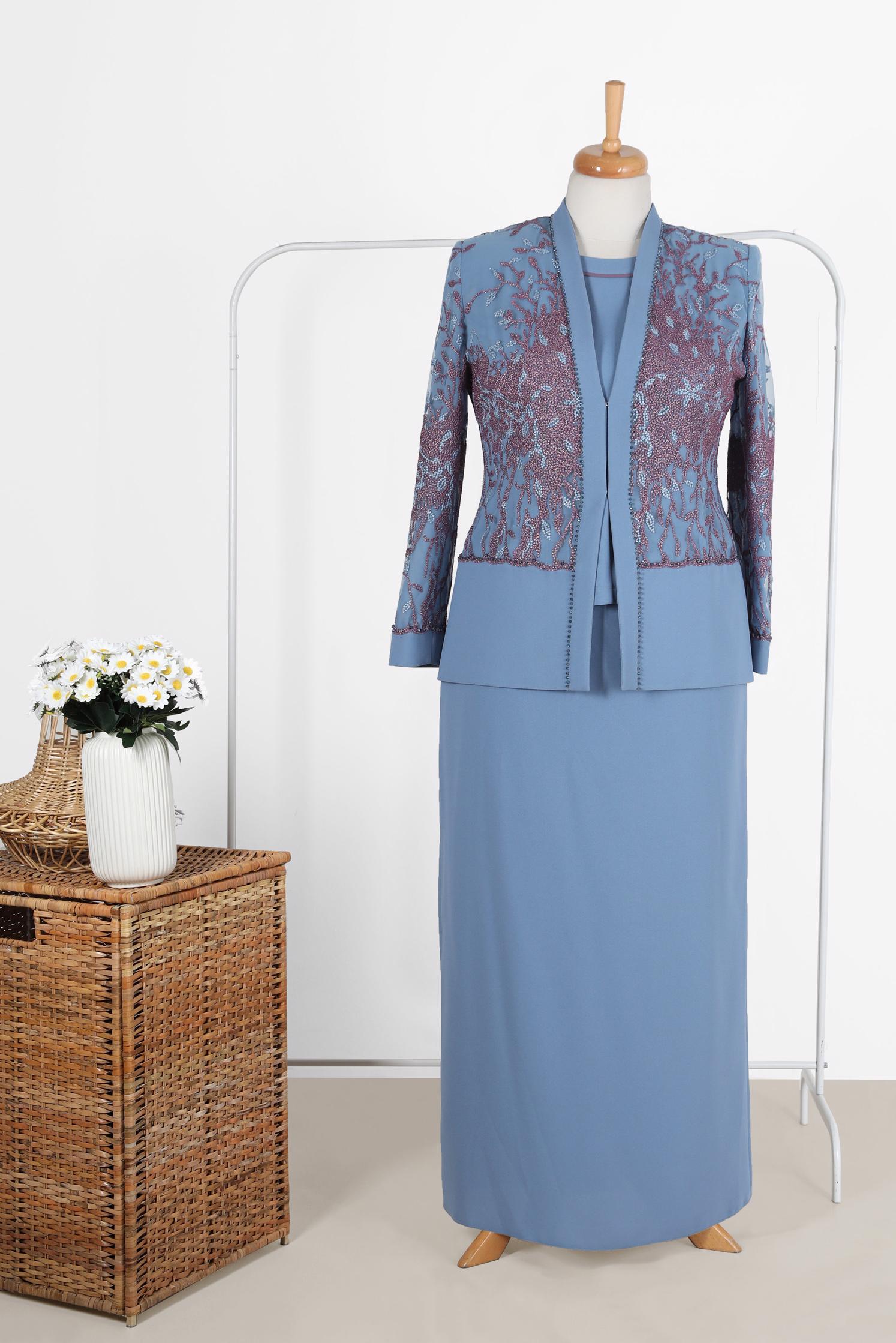 Hijab clothing NAVY BLUE GEM DETAIL PATTERNED 3-PIECE SKIRTED SUIT 30121 