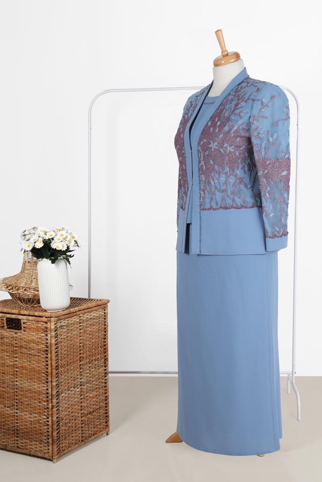 Tesettür giyim LACİVERT TAŞ DETAYLI DESENLİ ÜÇLÜ ETEKLİ TAKIM 30121  - ALVİNA