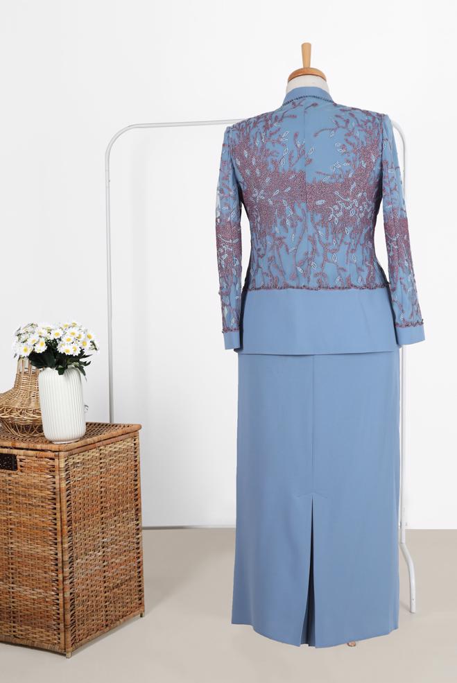 Tesettür giyim LACİVERT TAŞ DETAYLI DESENLİ ÜÇLÜ ETEKLİ TAKIM 30121  - ALVİNA