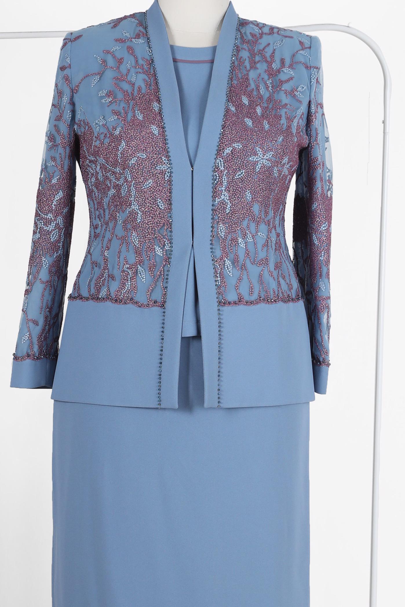 Hijab clothing NAVY BLUE GEM DETAIL PATTERNED 3-PIECE SKIRTED SUIT 30121 