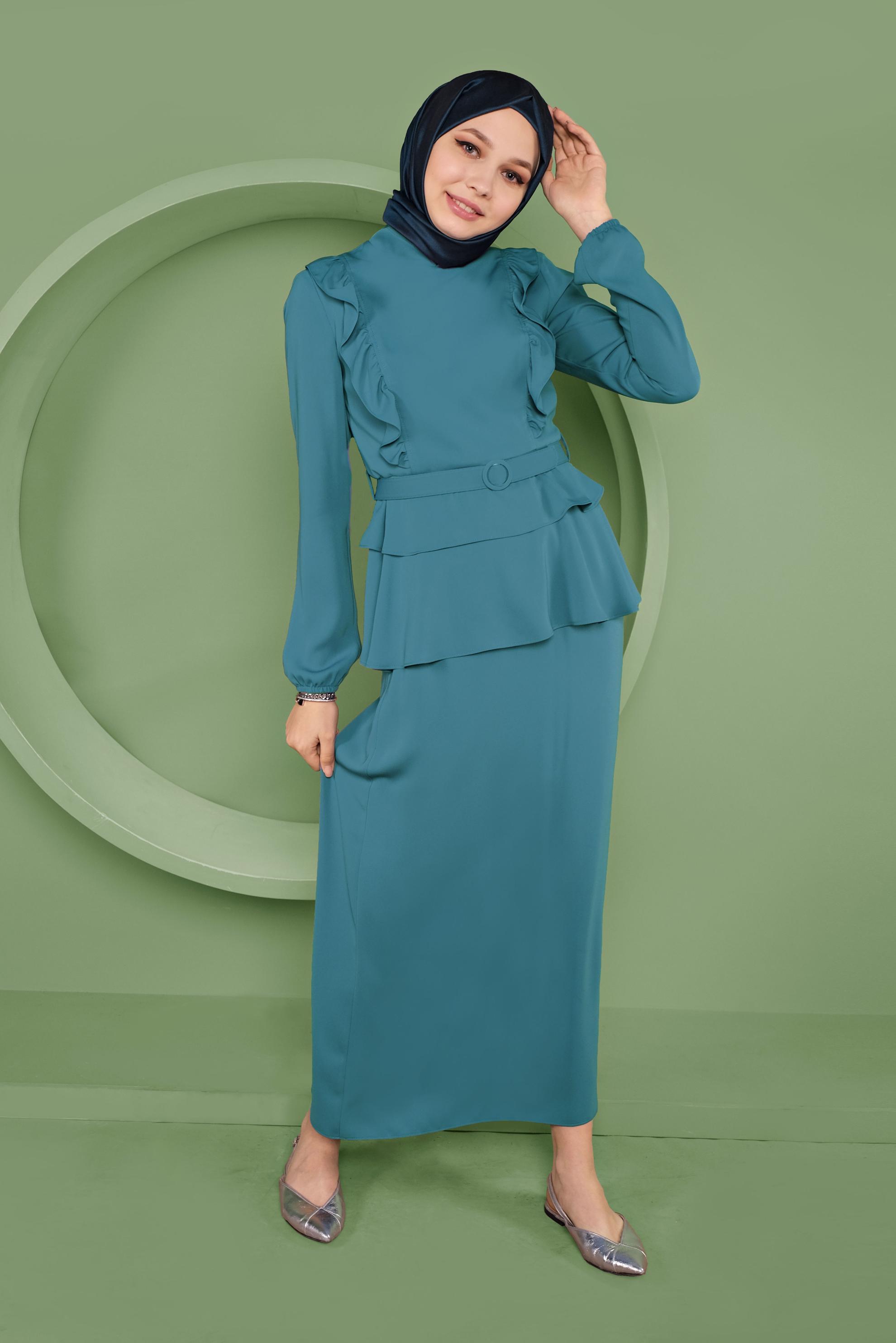 Tesettür giyim MAVİ FIRFIRLI KEMERLİ İKİLİ ETEKLİ TAKIM 30125