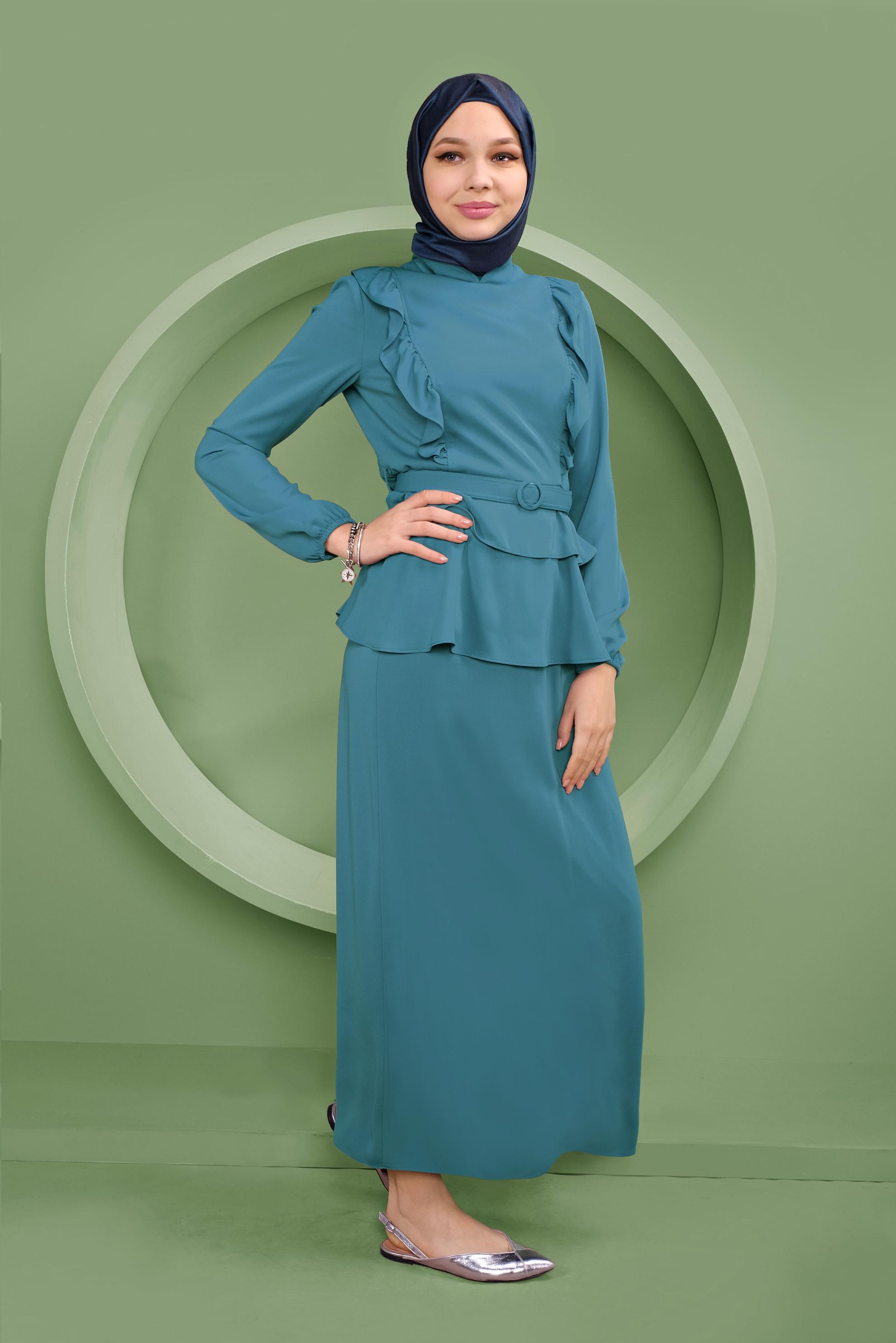 Tesettür giyim MAVİ FIRFIRLI KEMERLİ İKİLİ ETEKLİ TAKIM 30125