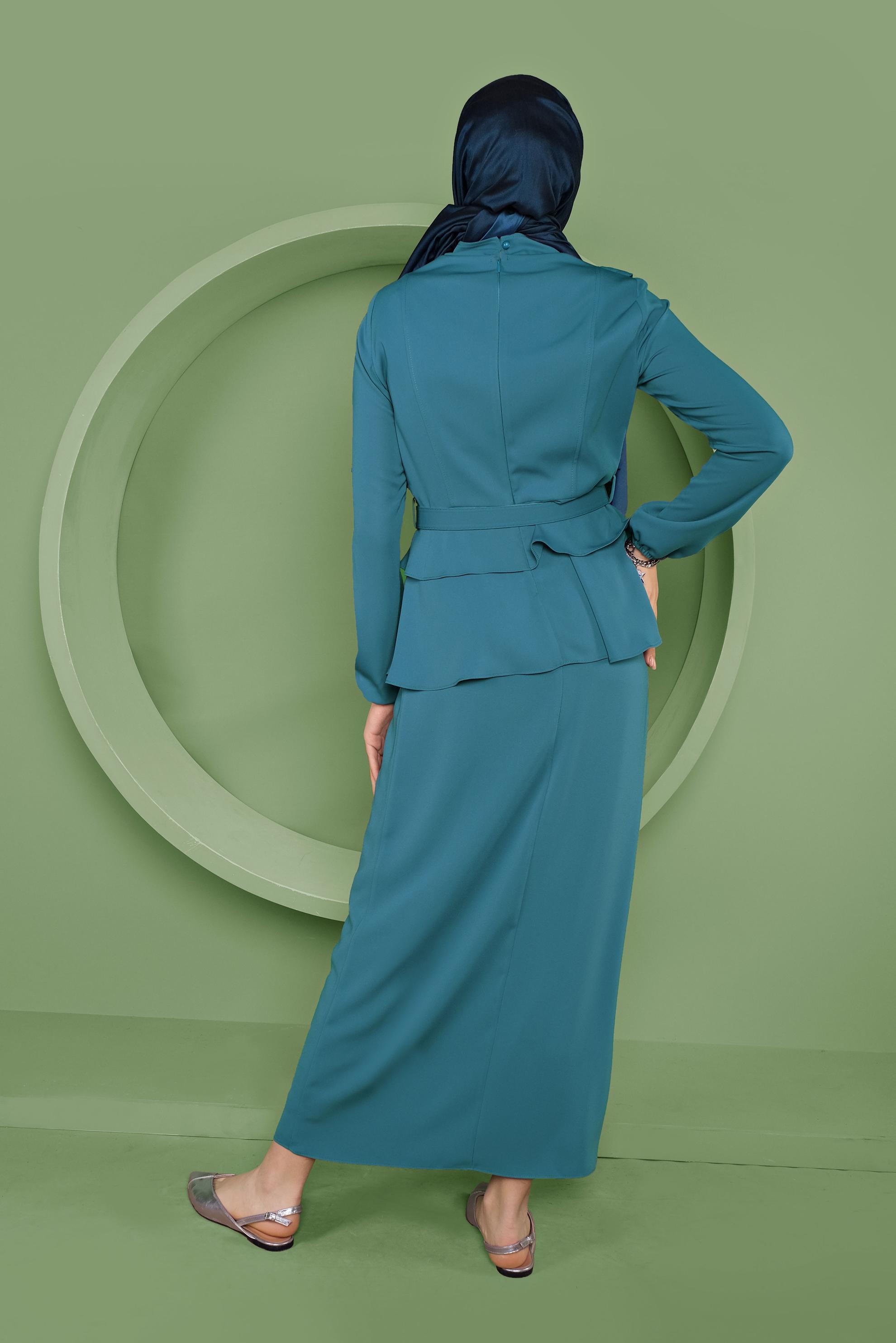 Tesettür giyim MAVİ FIRFIRLI KEMERLİ İKİLİ ETEKLİ TAKIM 30125