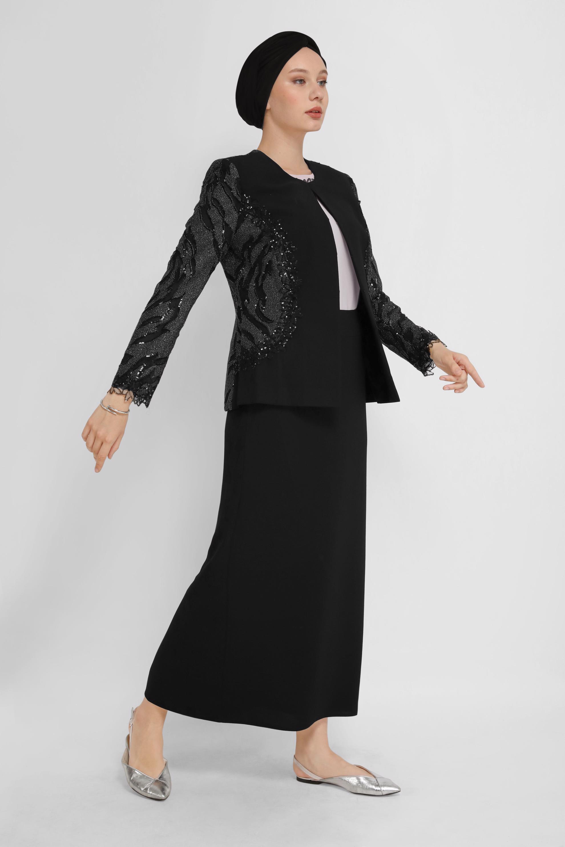 Tesettür giyim SİYAH KOLLARI DANTEL DETAYLI PUL EFEKTLİ ÜÇLÜ TAKIM 30149 