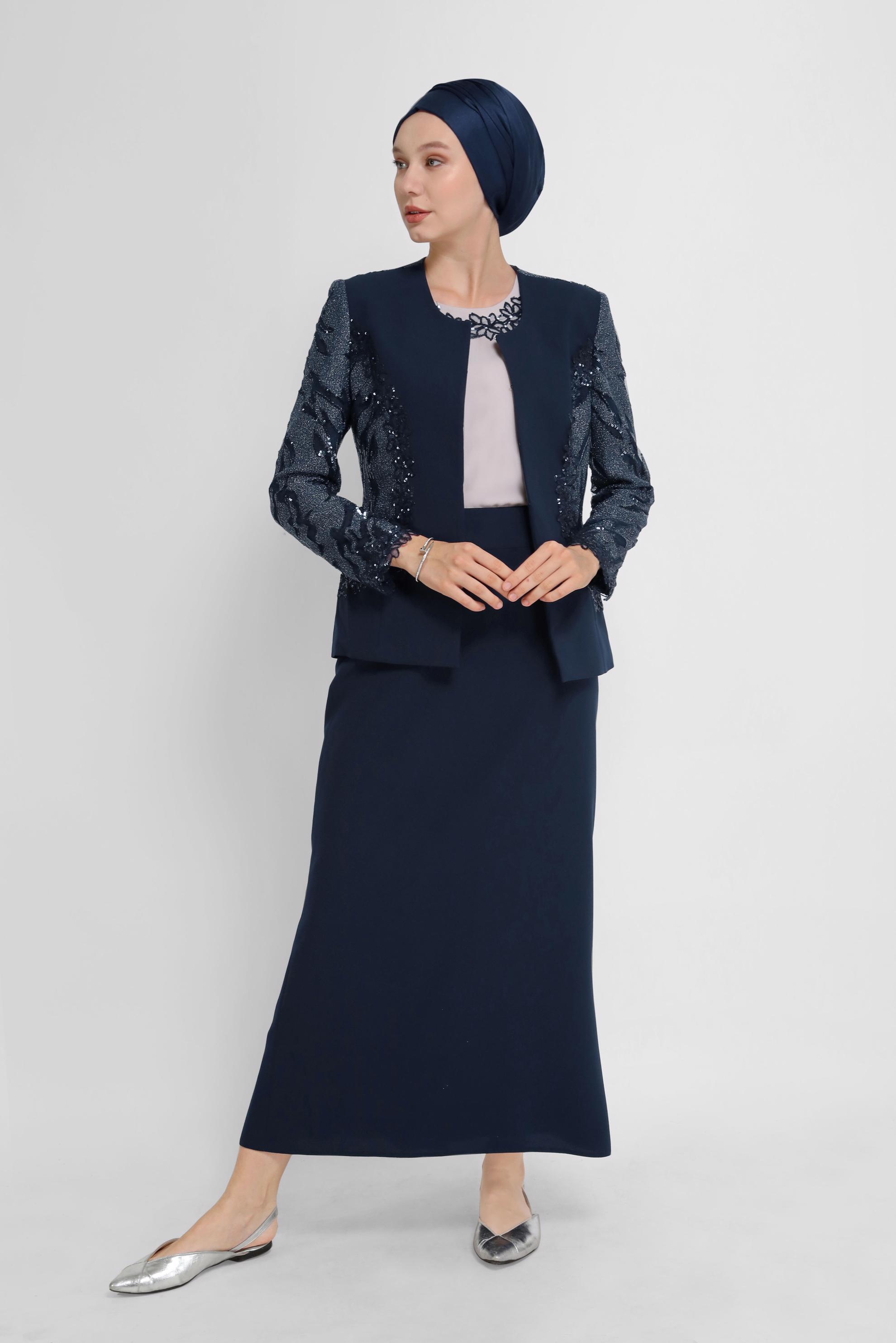 Hijab clothing NAVY BLUE LACE DETAIL SEQUINED 3-PIECE SUIT WITH SKIRT 30149 