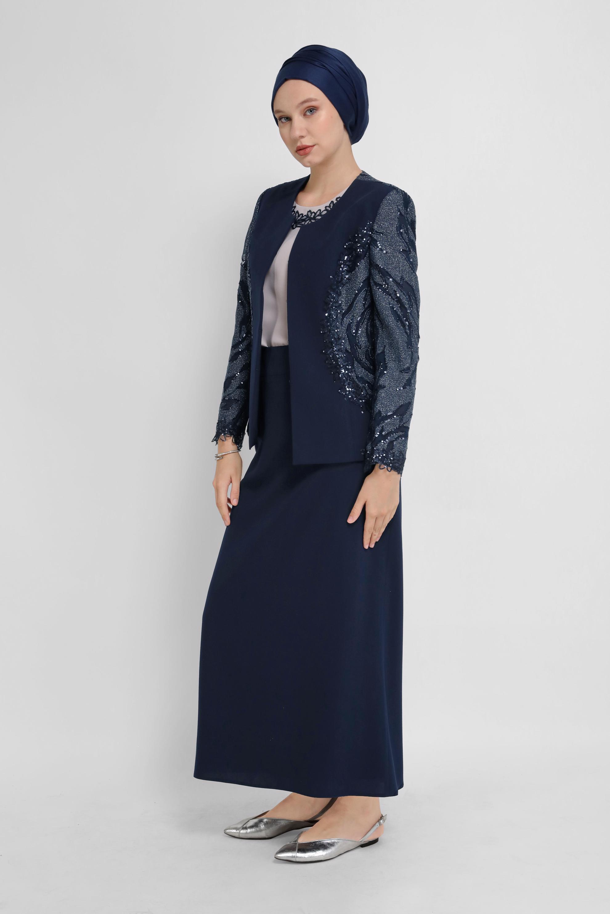 Hijab clothing NAVY BLUE LACE DETAIL SEQUINED 3-PIECE SUIT WITH SKIRT 30149 