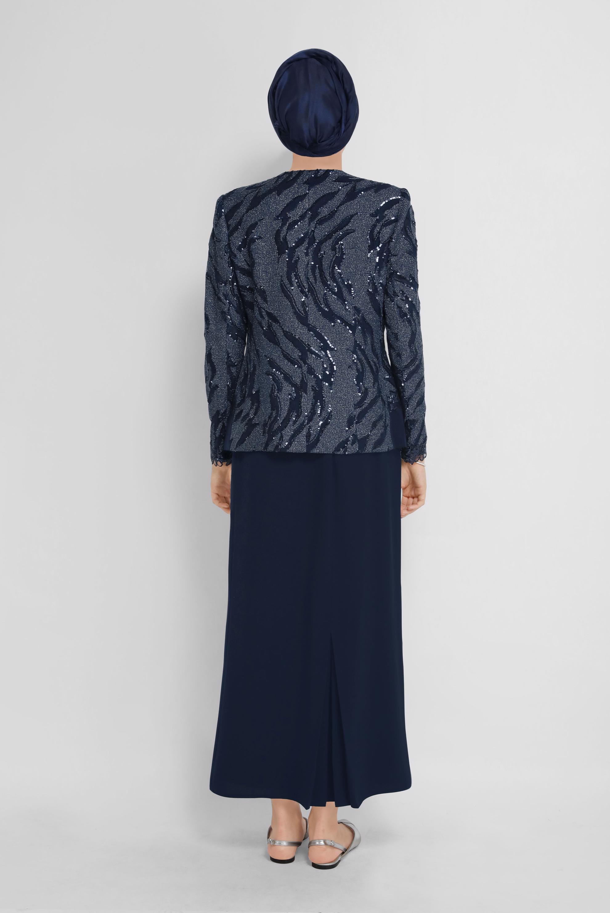 Hijab clothing NAVY BLUE LACE DETAIL SEQUINED 3-PIECE SUIT WITH SKIRT 30149 