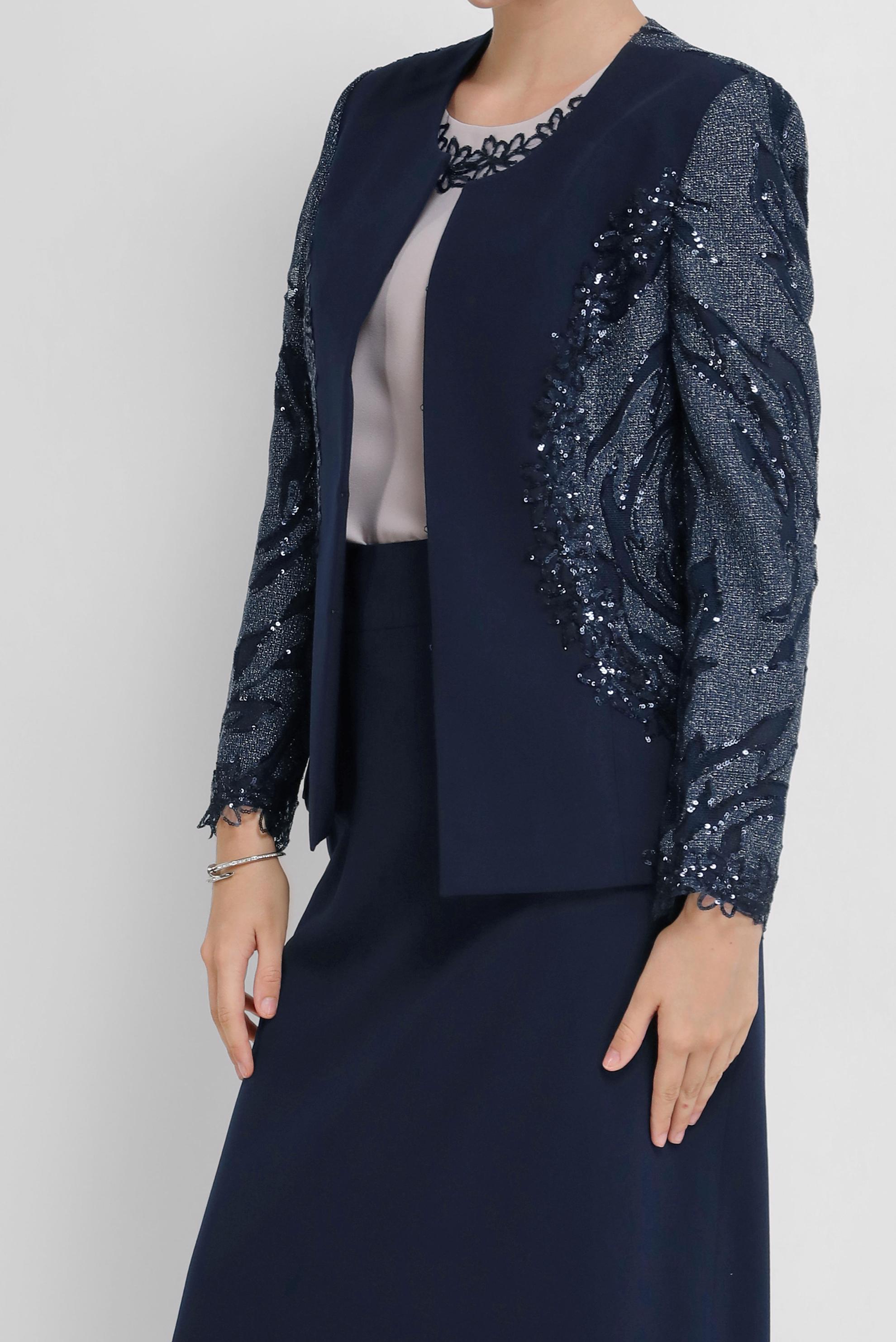 Hijab clothing NAVY BLUE LACE DETAIL SEQUINED 3-PIECE SUIT WITH SKIRT 30149 