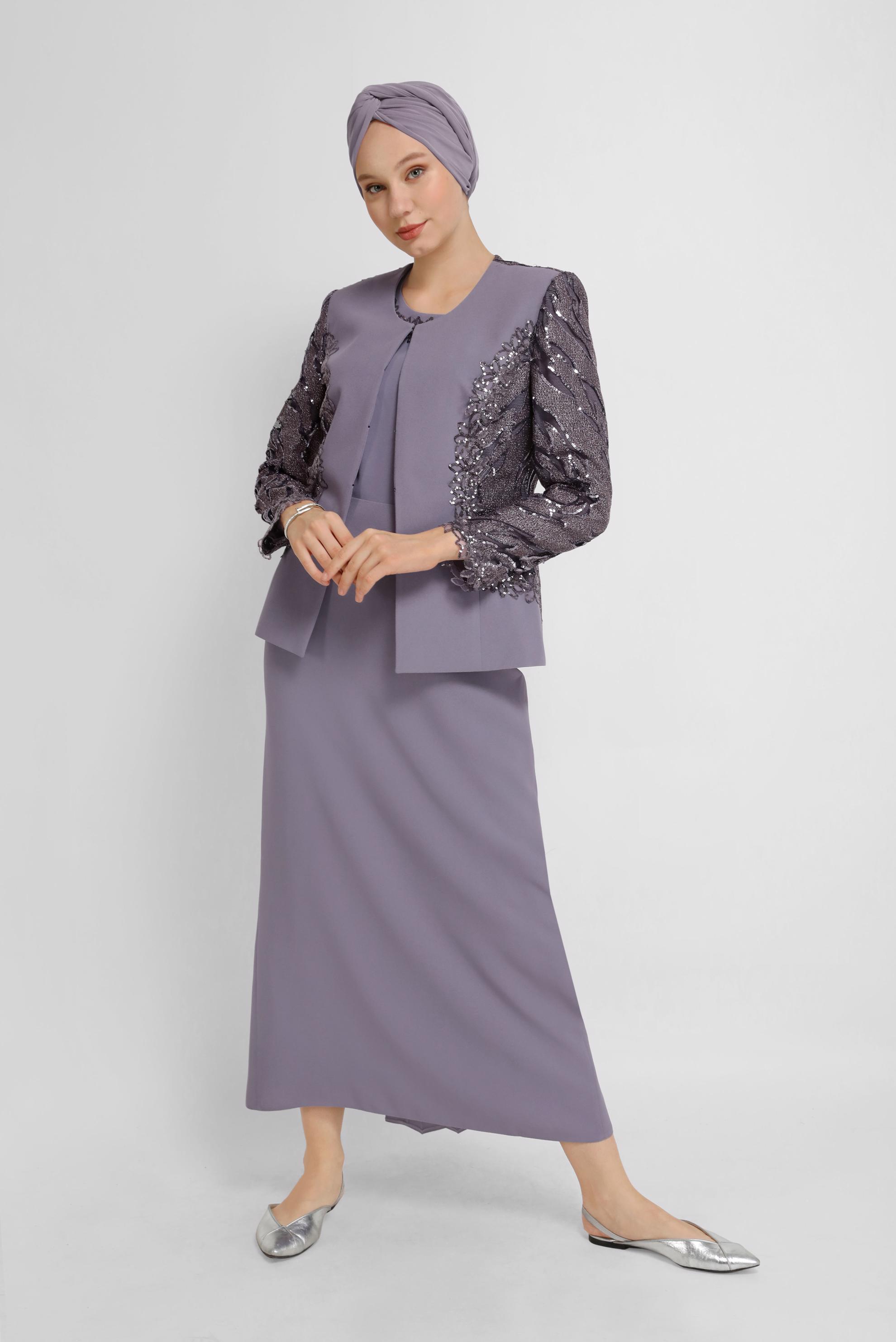 Tesettür giyim MOR KOLLARI DANTEL DETAYLI PUL EFEKTLİ ÜÇLÜ TAKIM 30149 
