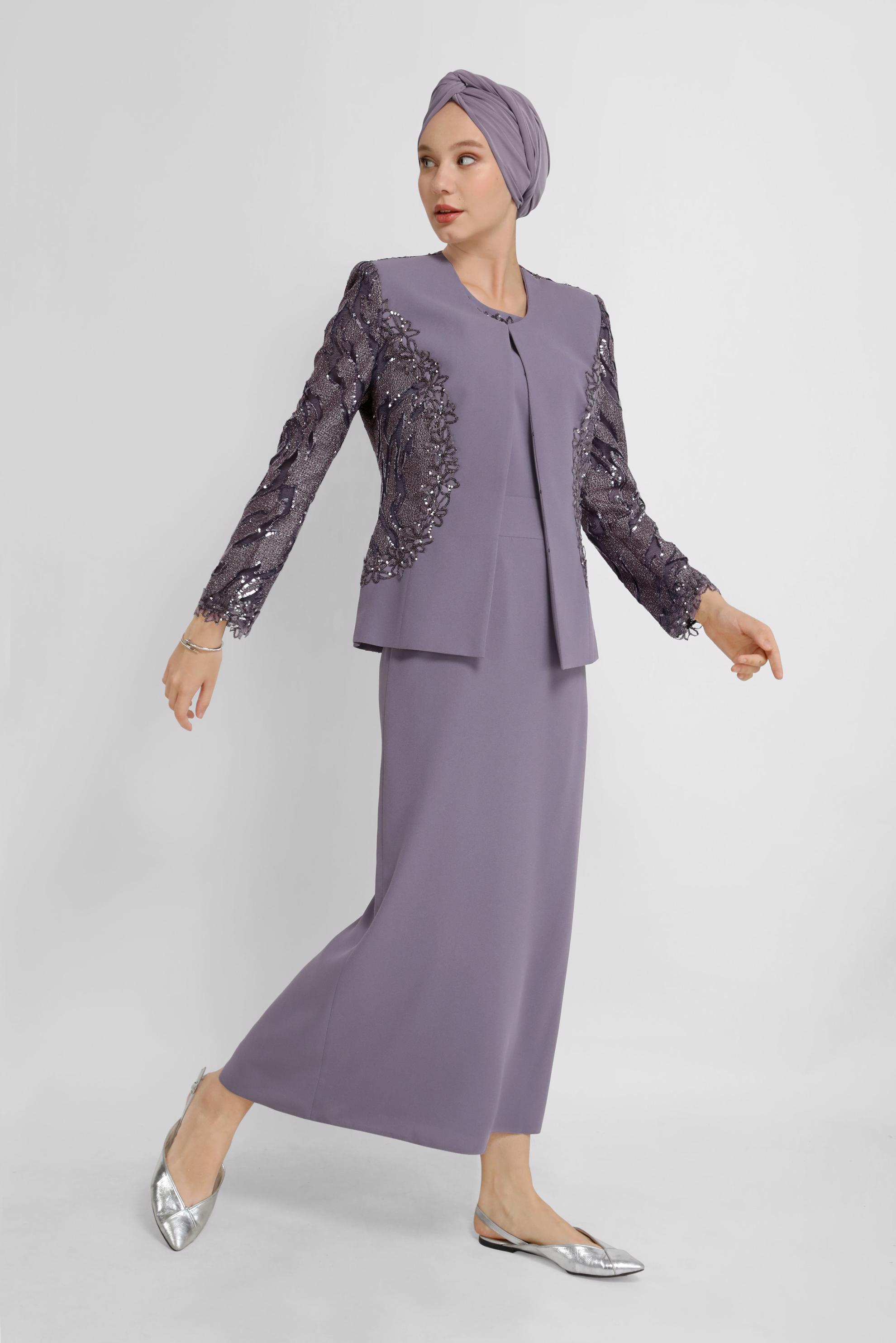 Tesettür giyim MOR KOLLARI DANTEL DETAYLI PUL EFEKTLİ ÜÇLÜ TAKIM 30149 