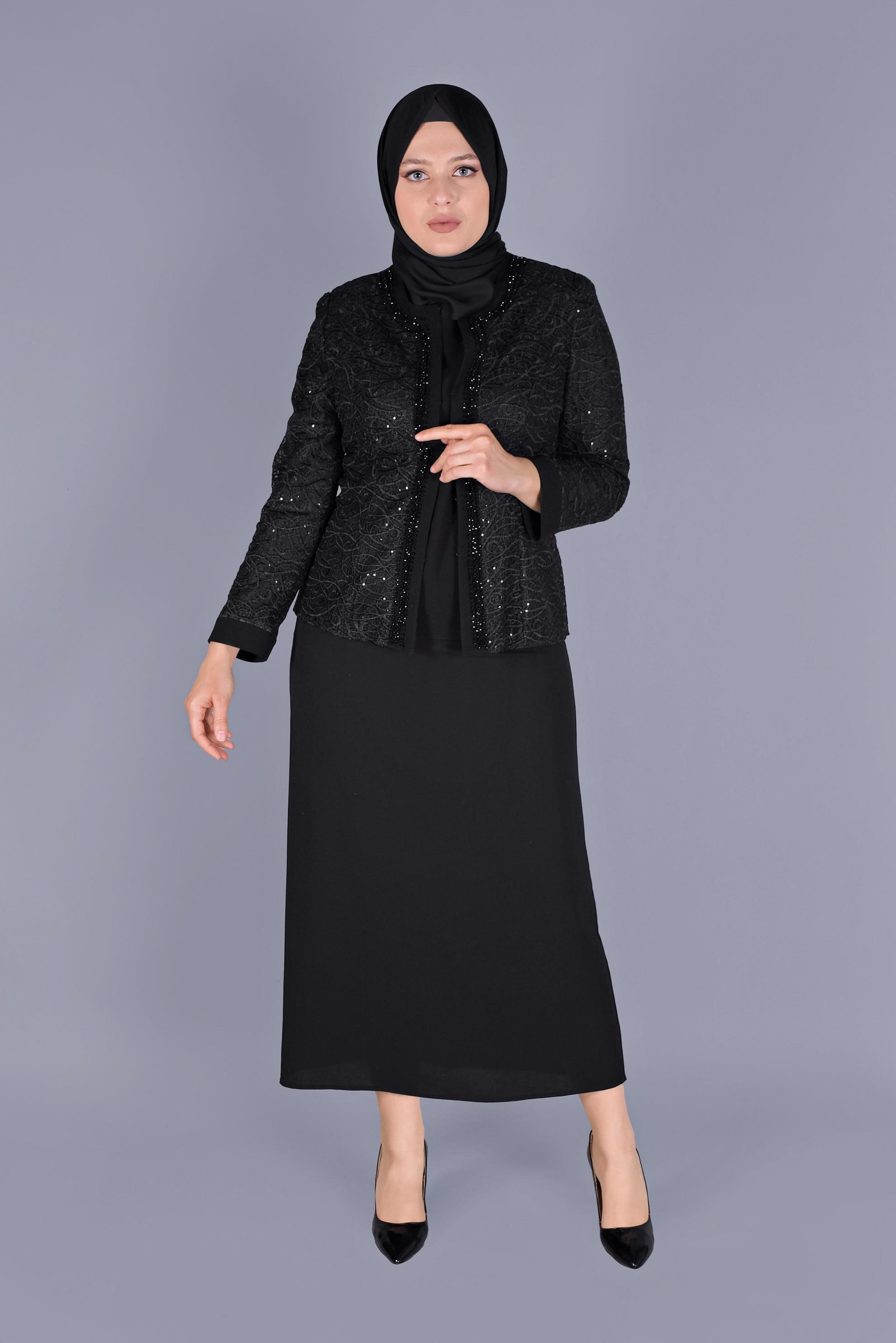 Tesettür giyim SİYAH BONCUKLU DANTELLİ  ÜÇLÜ ETEKLİ TAKIM 30161 