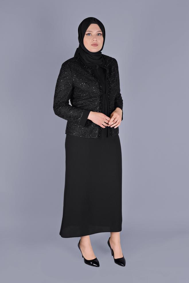 Tesettür giyim SİYAH BONCUKLU DANTELLİ  ÜÇLÜ ETEKLİ TAKIM 30161  - ALVİNA