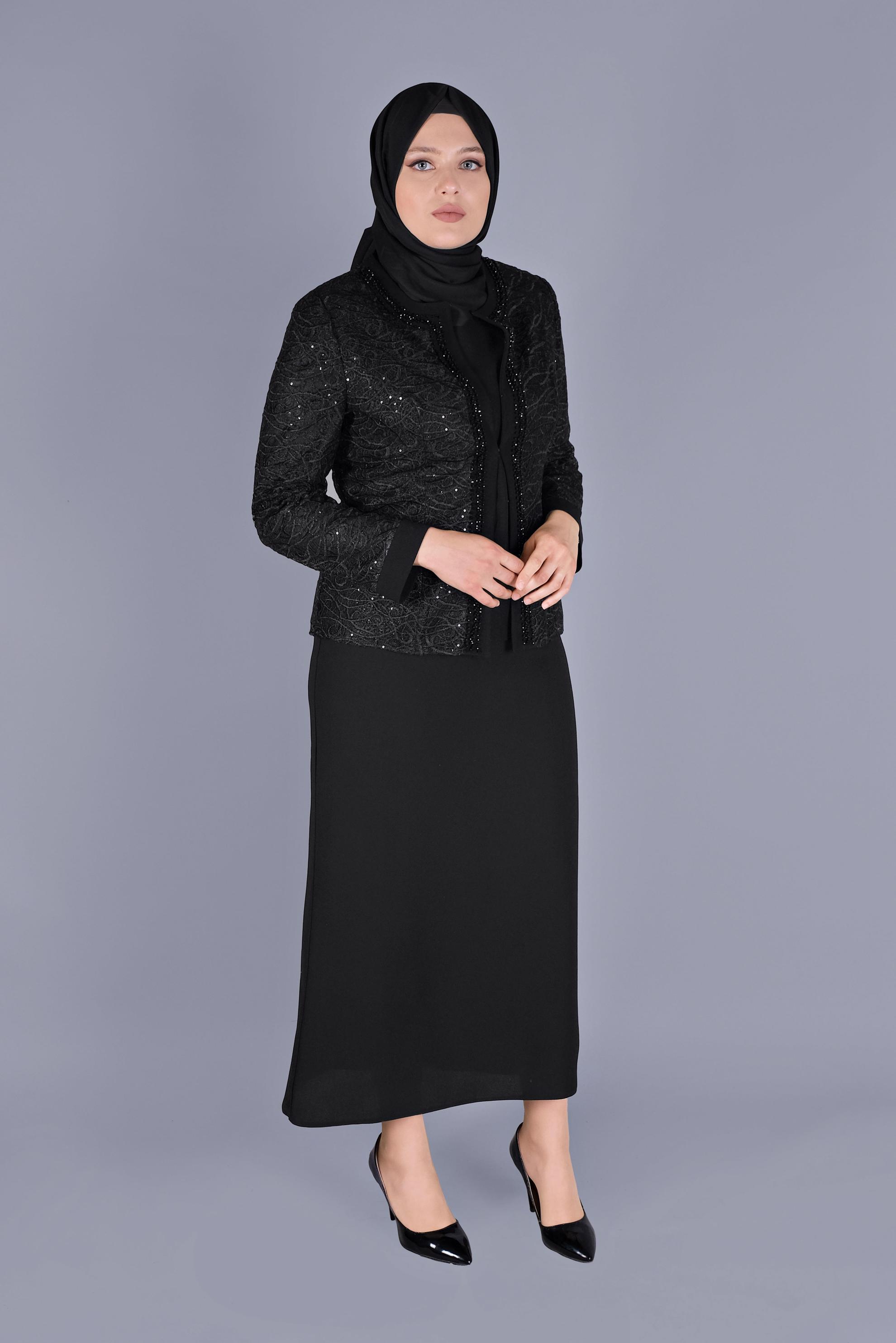 Tesettür giyim SİYAH BONCUKLU DANTELLİ  ÜÇLÜ ETEKLİ TAKIM 30161 