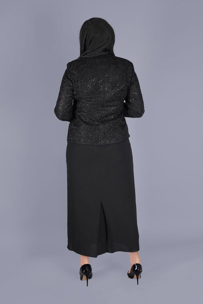 Tesettür giyim SİYAH BONCUKLU DANTELLİ  ÜÇLÜ ETEKLİ TAKIM 30161  - ALVİNA