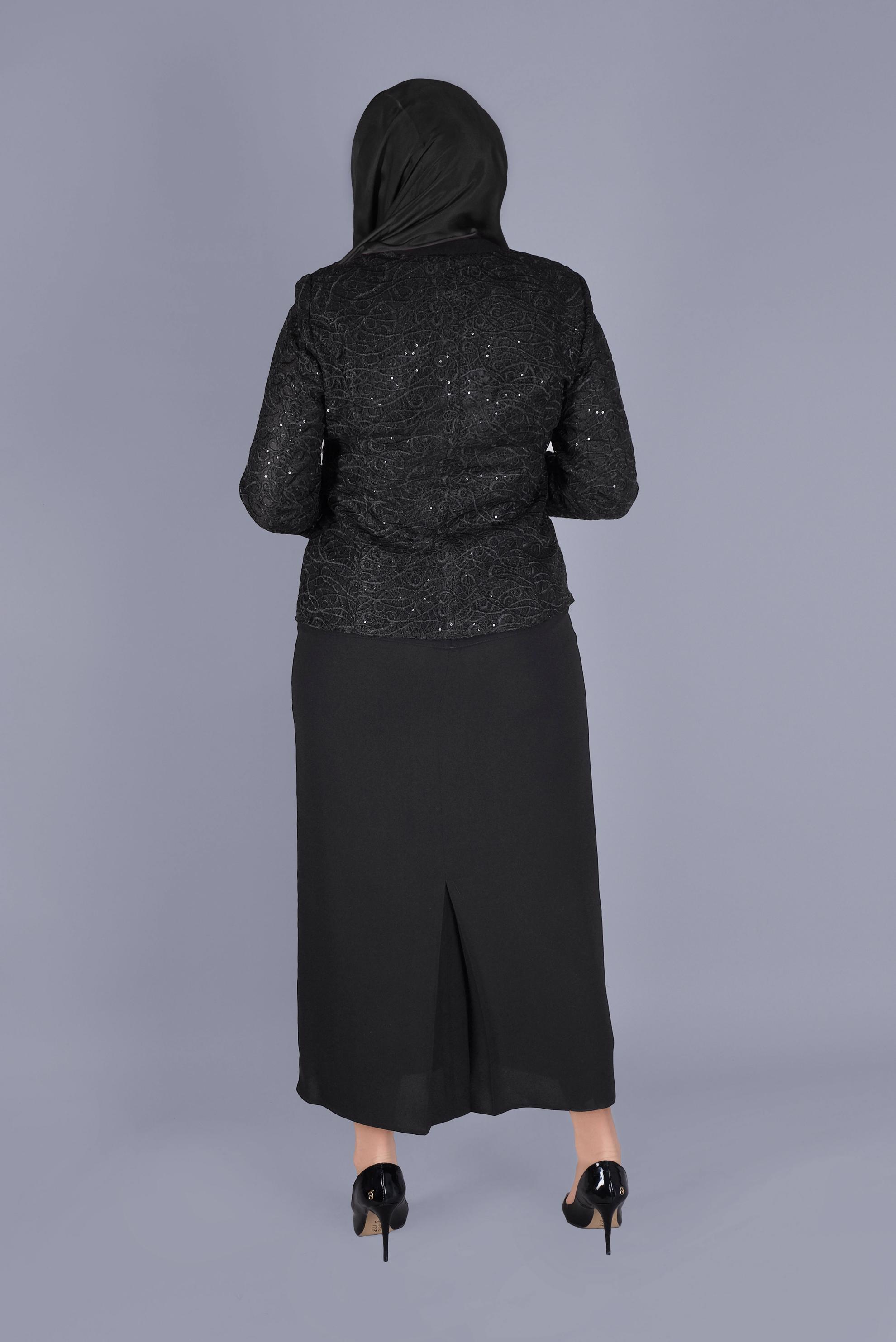Tesettür giyim SİYAH BONCUKLU DANTELLİ  ÜÇLÜ ETEKLİ TAKIM 30161 