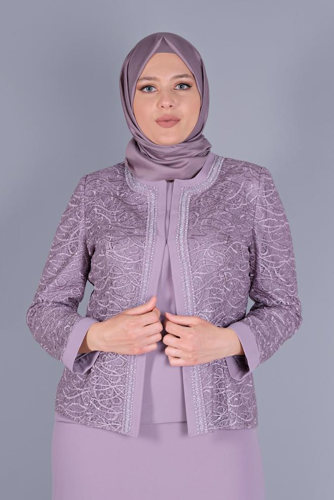 Tesettür giyim MOR BONCUKLU DANTELLİ  ÜÇLÜ ETEKLİ TAKIM 30161  - ALVİNA
