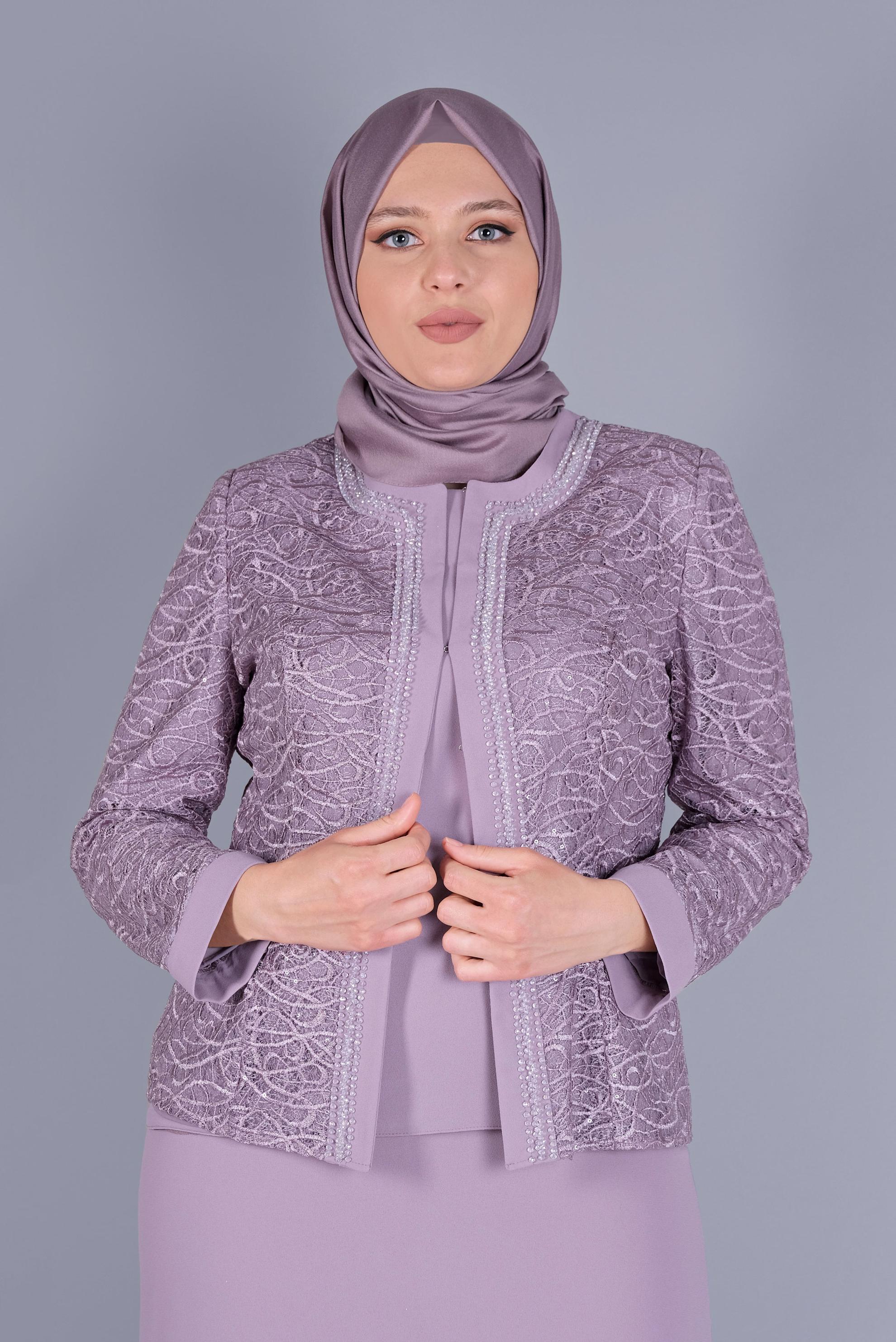 Tesettür giyim MOR BONCUKLU DANTELLİ  ÜÇLÜ ETEKLİ TAKIM 30161 