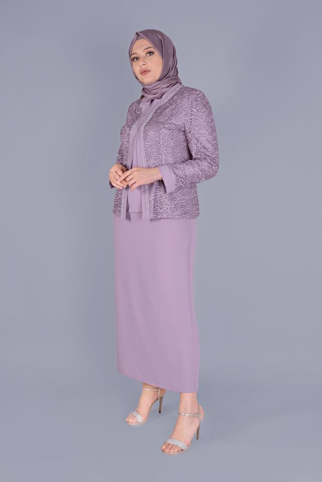 Tesettür giyim MOR BONCUKLU DANTELLİ  ÜÇLÜ ETEKLİ TAKIM 30161  - ALVİNA