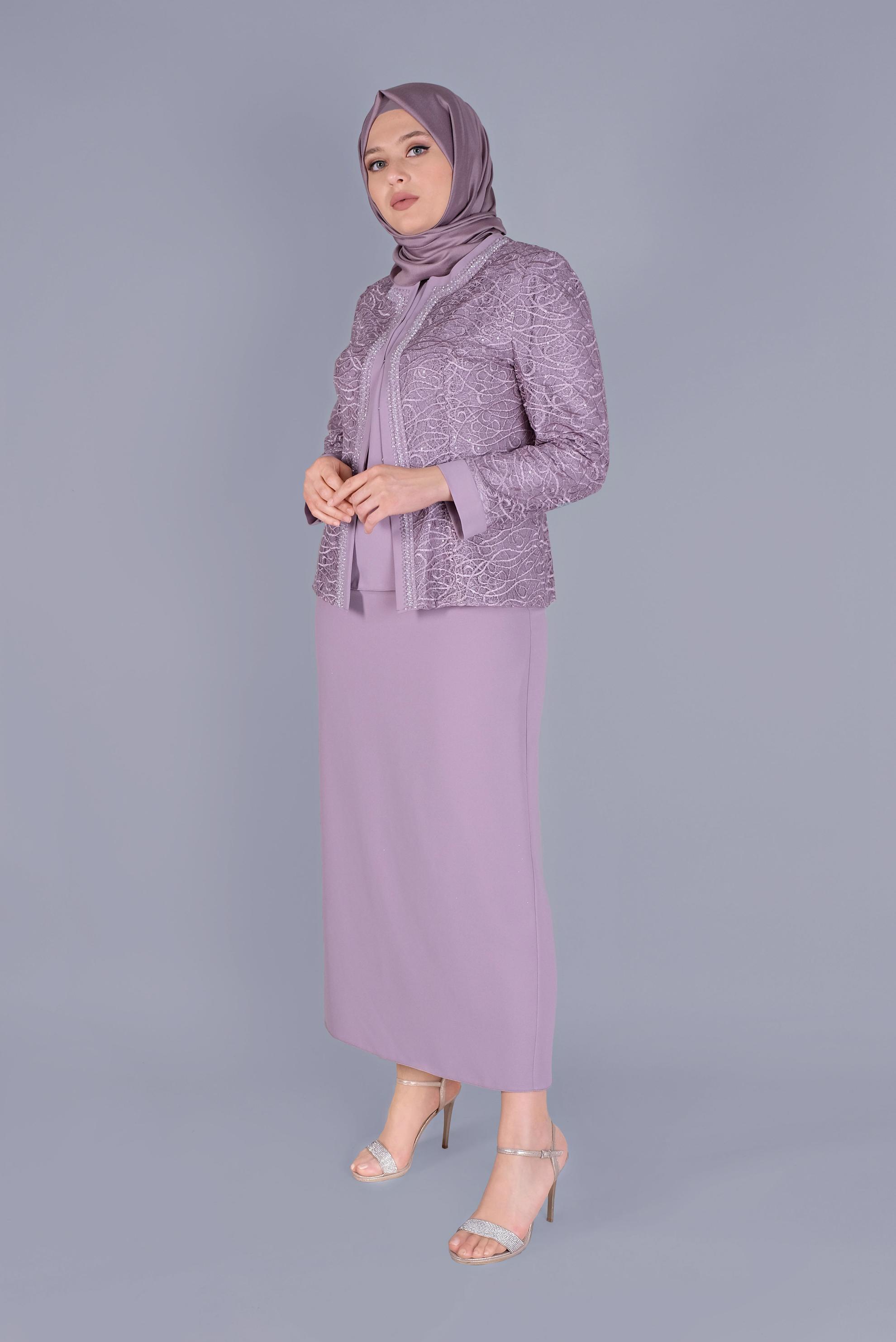 Tesettür giyim MOR BONCUKLU DANTELLİ  ÜÇLÜ ETEKLİ TAKIM 30161 