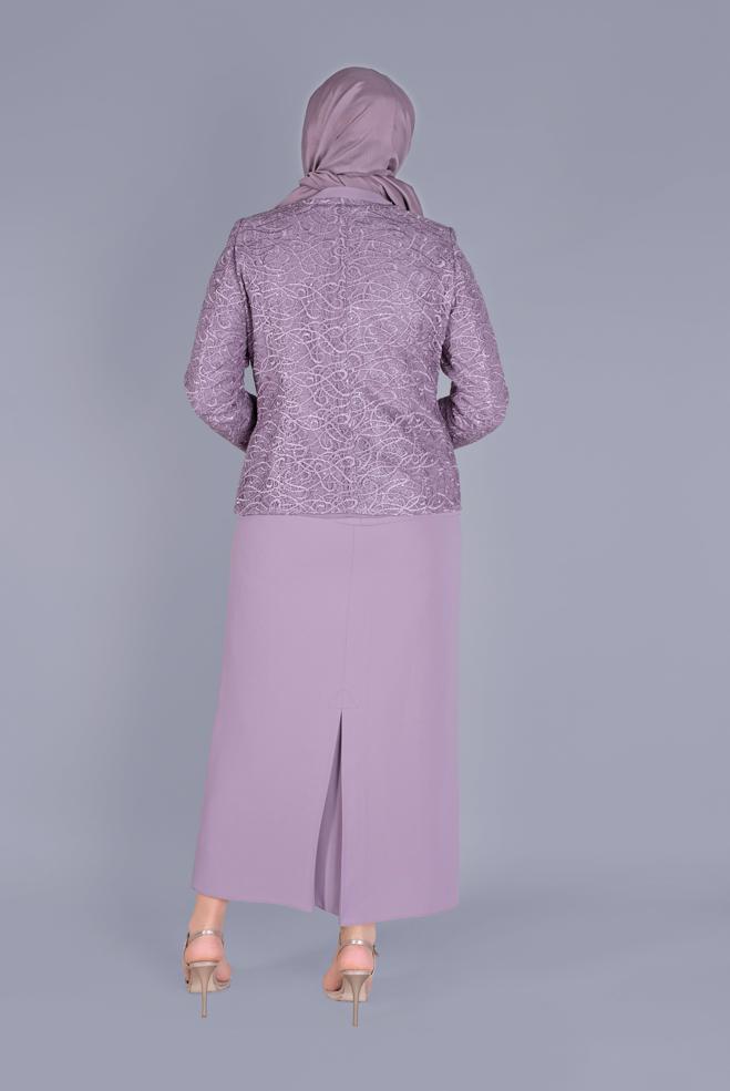 Tesettür giyim MOR BONCUKLU DANTELLİ  ÜÇLÜ ETEKLİ TAKIM 30161  - ALVİNA