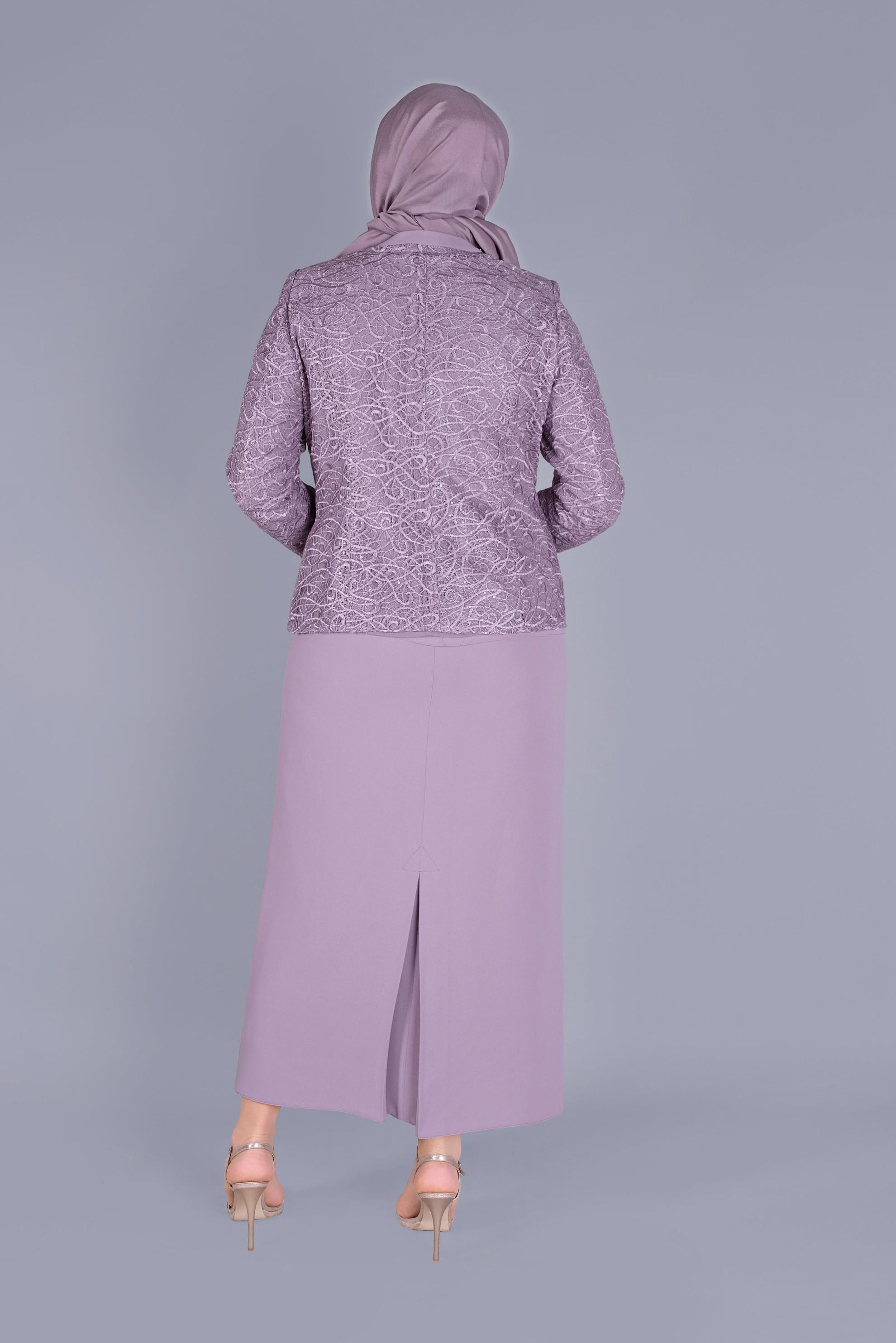 Tesettür giyim MOR BONCUKLU DANTELLİ  ÜÇLÜ ETEKLİ TAKIM 30161 