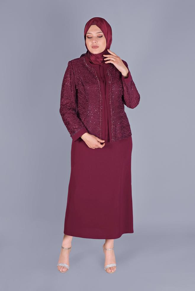 Vêtements hijab ROUGE BORDEAUX COSTUME JUPE 3 PIÈCES EN DENTELLE AVEC PERLES 30161 - ALVİNA