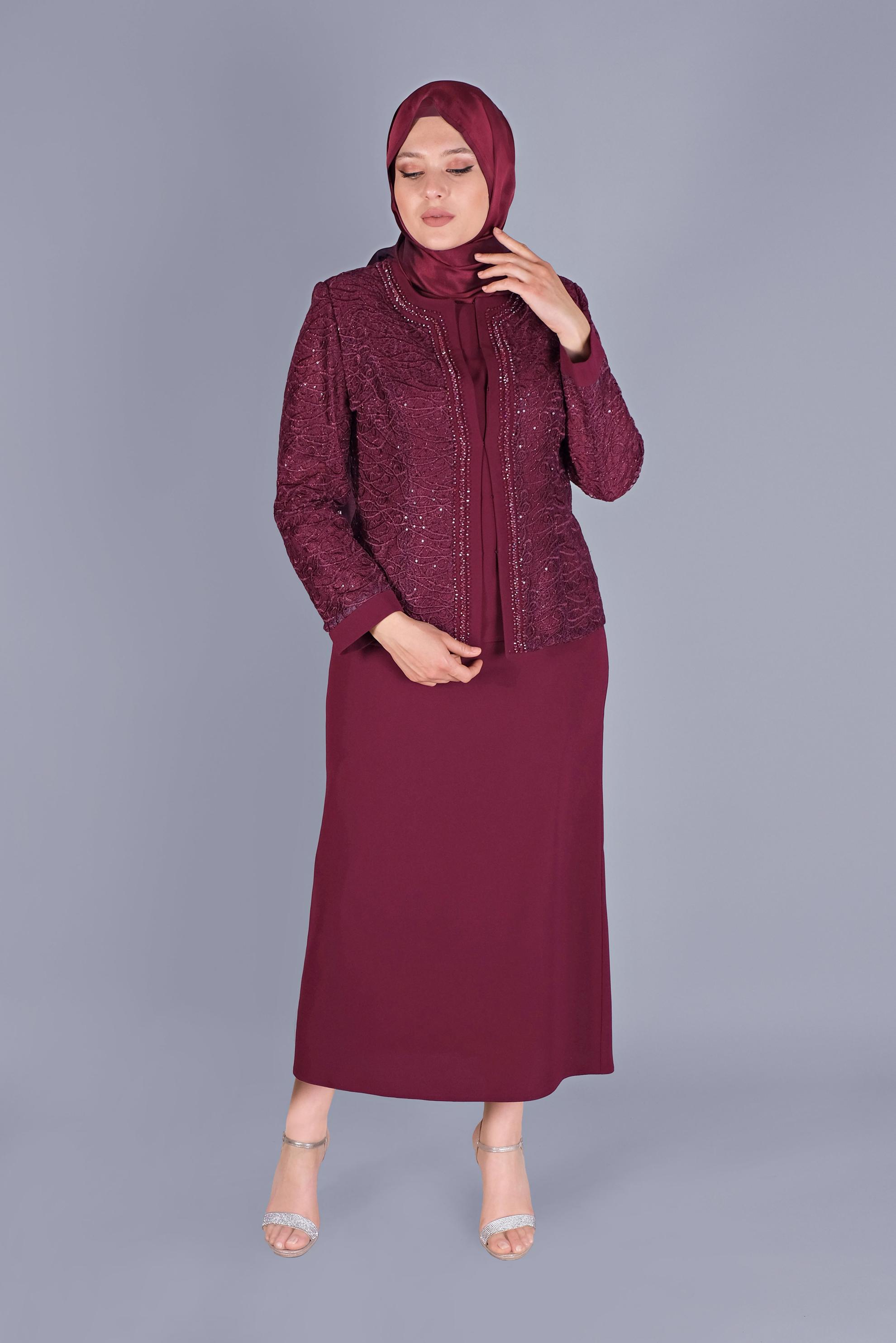 Hijab clothing CLARET RED BEADED LACE DETAIL 3-PIECE SKIRTED SUIT 30161 