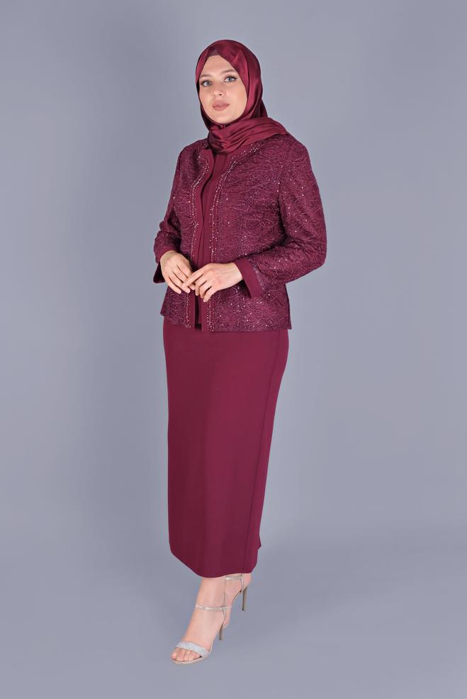 Vêtements hijab ROUGE BORDEAUX COSTUME JUPE 3 PIÈCES EN DENTELLE AVEC PERLES 30161 - ALVİNA