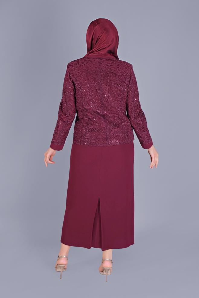 Vêtements hijab ROUGE BORDEAUX COSTUME JUPE 3 PIÈCES EN DENTELLE AVEC PERLES 30161 - ALVİNA
