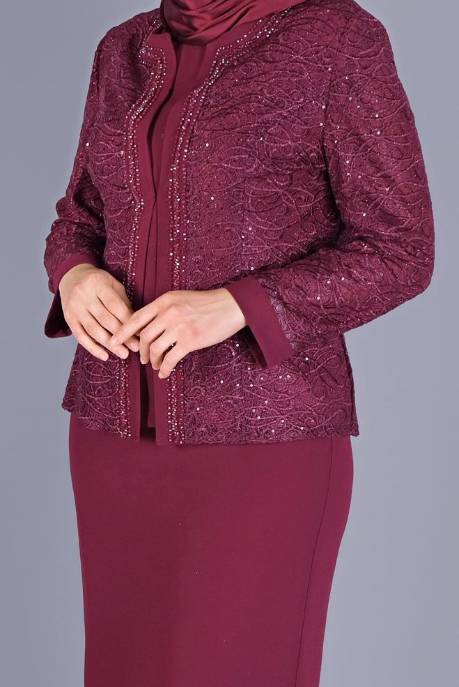 Vêtements hijab ROUGE BORDEAUX COSTUME JUPE 3 PIÈCES EN DENTELLE AVEC PERLES 30161 - ALVİNA