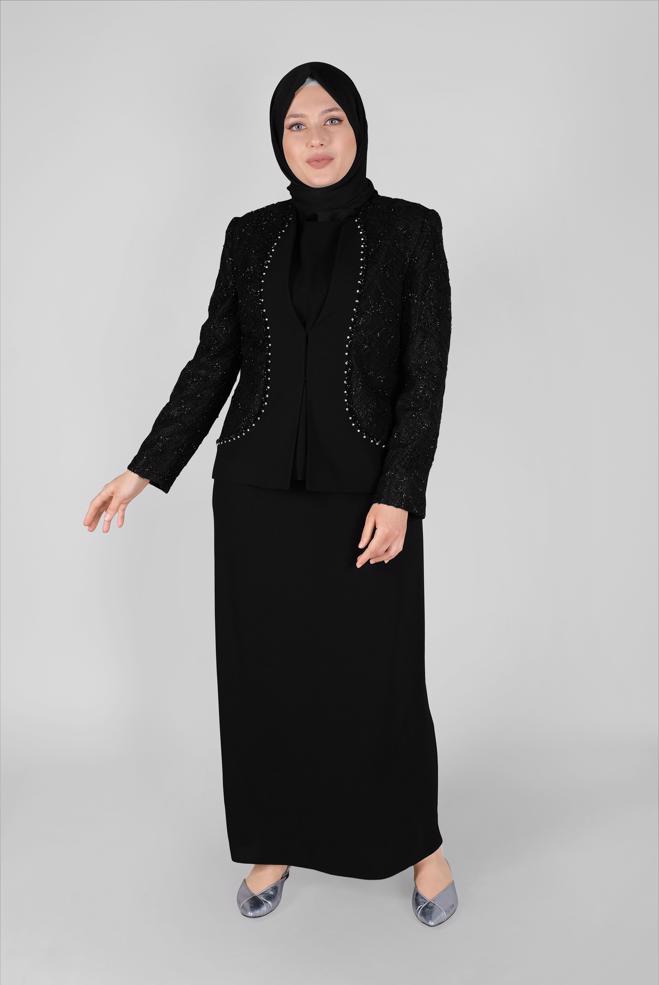 Vêtements hijab NOIR COSTUME JUPE 3 PIÈCES AVEC DENTELLE DÉTAILLÉ PIERRE 30162 - ALVİNA