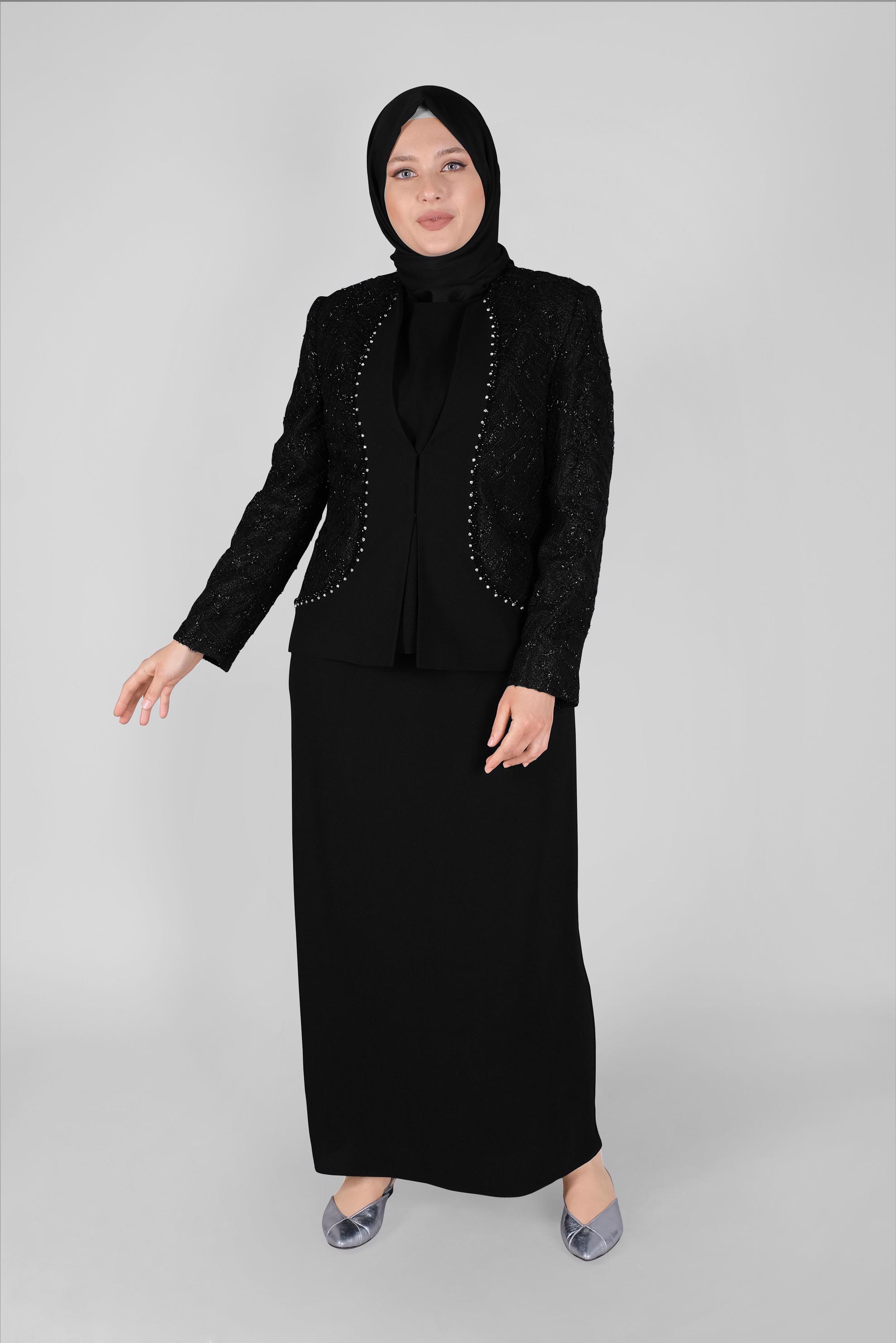Hijab clothing BLACK STONE DETAILED 3-PIECE SKIRTED SUIT WITH LACE 30162 