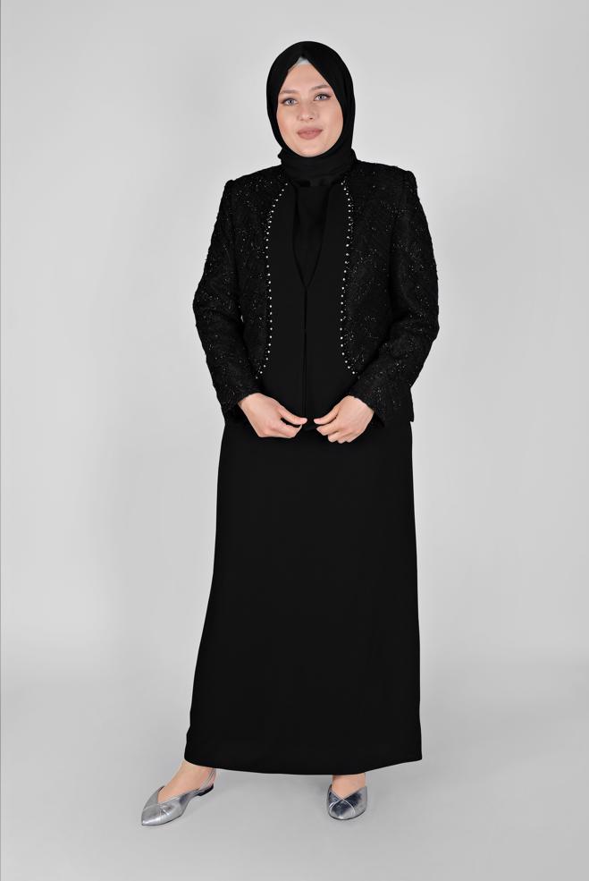 Vêtements hijab NOIR COSTUME JUPE 3 PIÈCES AVEC DENTELLE DÉTAILLÉ PIERRE 30162 - ALVİNA