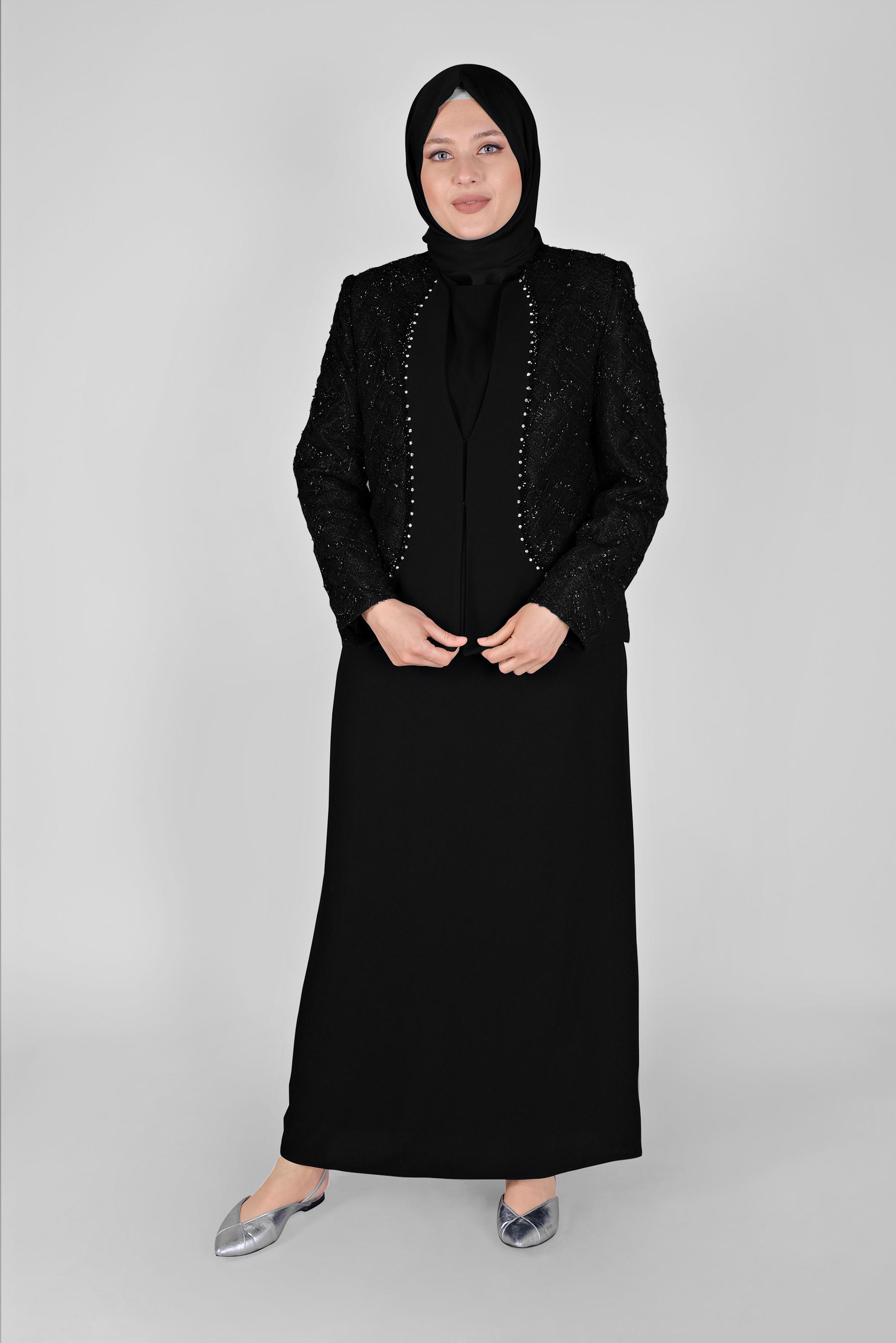 Hijab clothing BLACK STONE DETAILED 3-PIECE SKIRTED SUIT WITH LACE 30162 