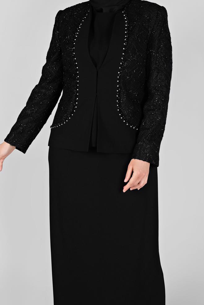 Vêtements hijab NOIR COSTUME JUPE 3 PIÈCES AVEC DENTELLE DÉTAILLÉ PIERRE 30162 - ALVİNA