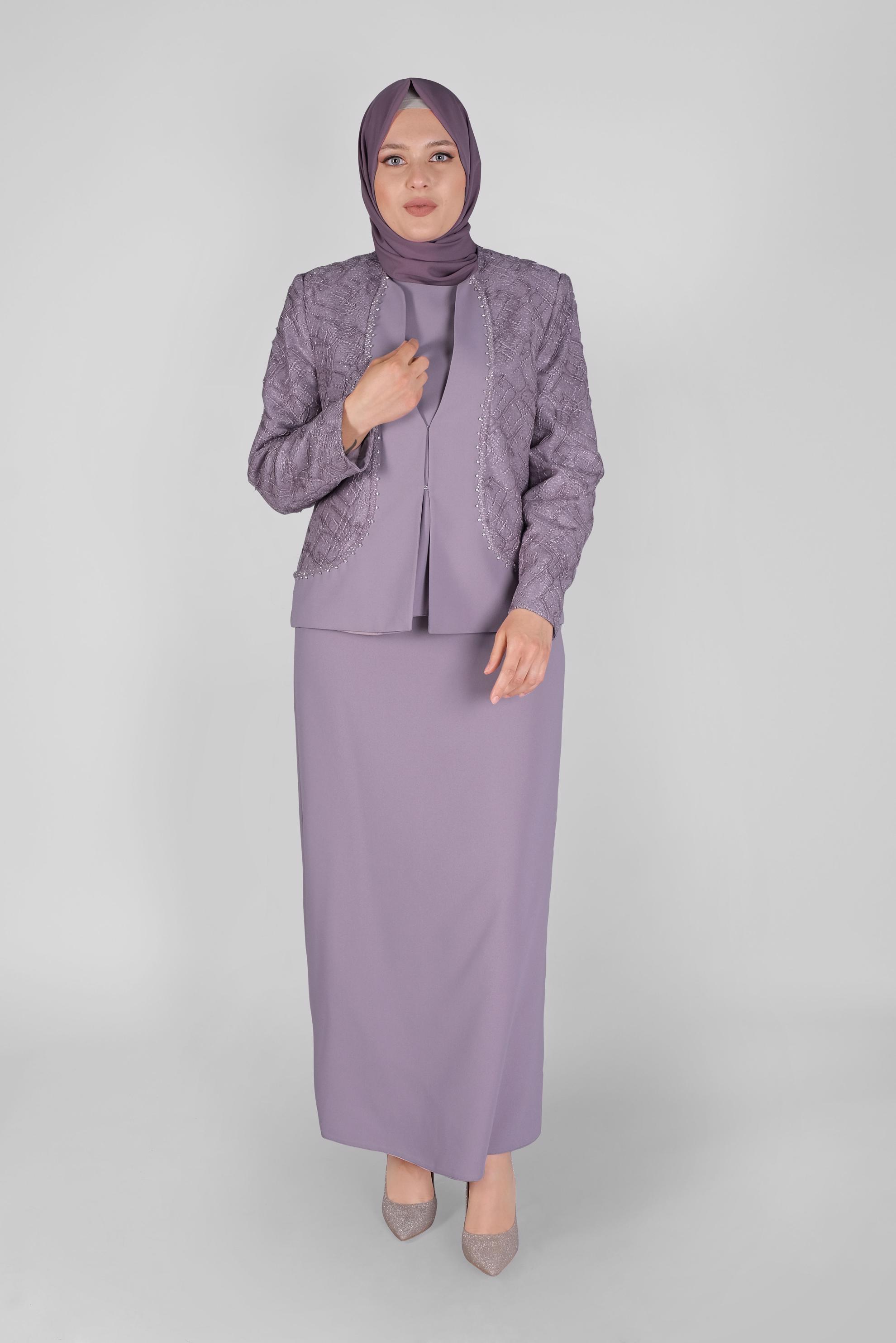 Vêtements hijab POURPRE COSTUME JUPE 3 PIÈCES AVEC DENTELLE DÉTAILLÉ PIERRE 30162