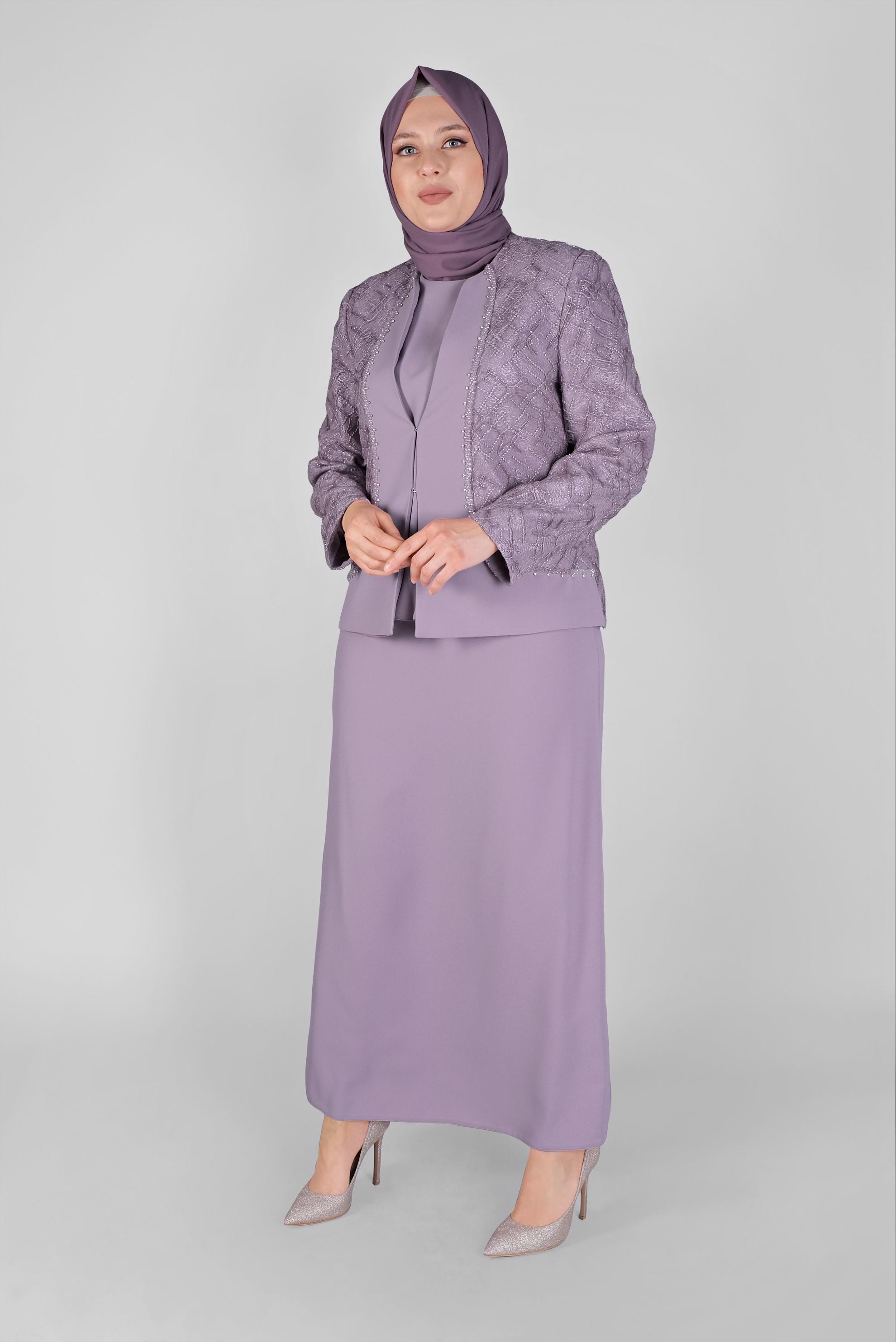 Vêtements hijab POURPRE COSTUME JUPE 3 PIÈCES AVEC DENTELLE DÉTAILLÉ PIERRE 30162