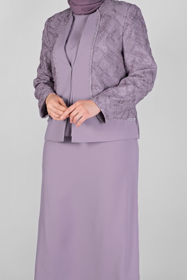 Tesettür giyim MOR TAŞLI DANTELLİ  ÜÇLÜ ETEKLİ TAKIM 30162 - ALVİNA