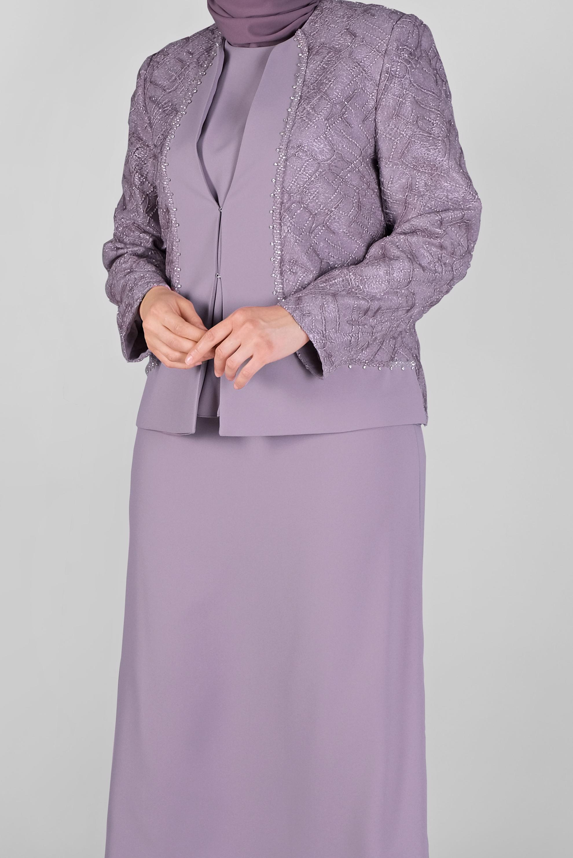 Vêtements hijab POURPRE COSTUME JUPE 3 PIÈCES AVEC DENTELLE DÉTAILLÉ PIERRE 30162