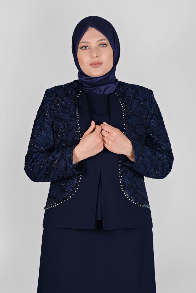 Tesettür giyim LACİVERT TAŞLI DANTELLİ  ÜÇLÜ ETEKLİ TAKIM 30162 - ALVİNA