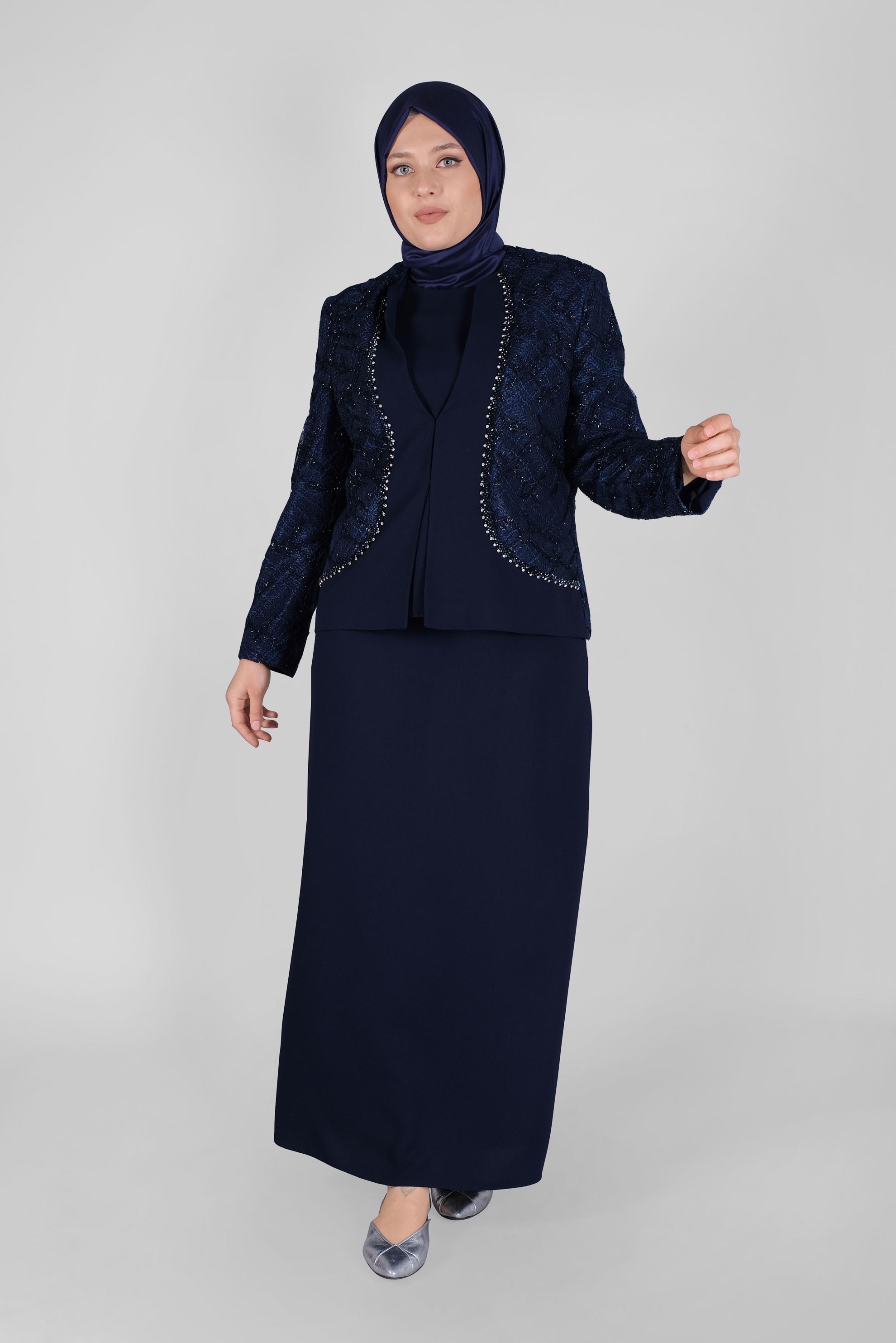 Vêtements hijab BLEU MARINE COSTUME JUPE 3 PIÈCES AVEC DENTELLE DÉTAILLÉ PIERRE 30162