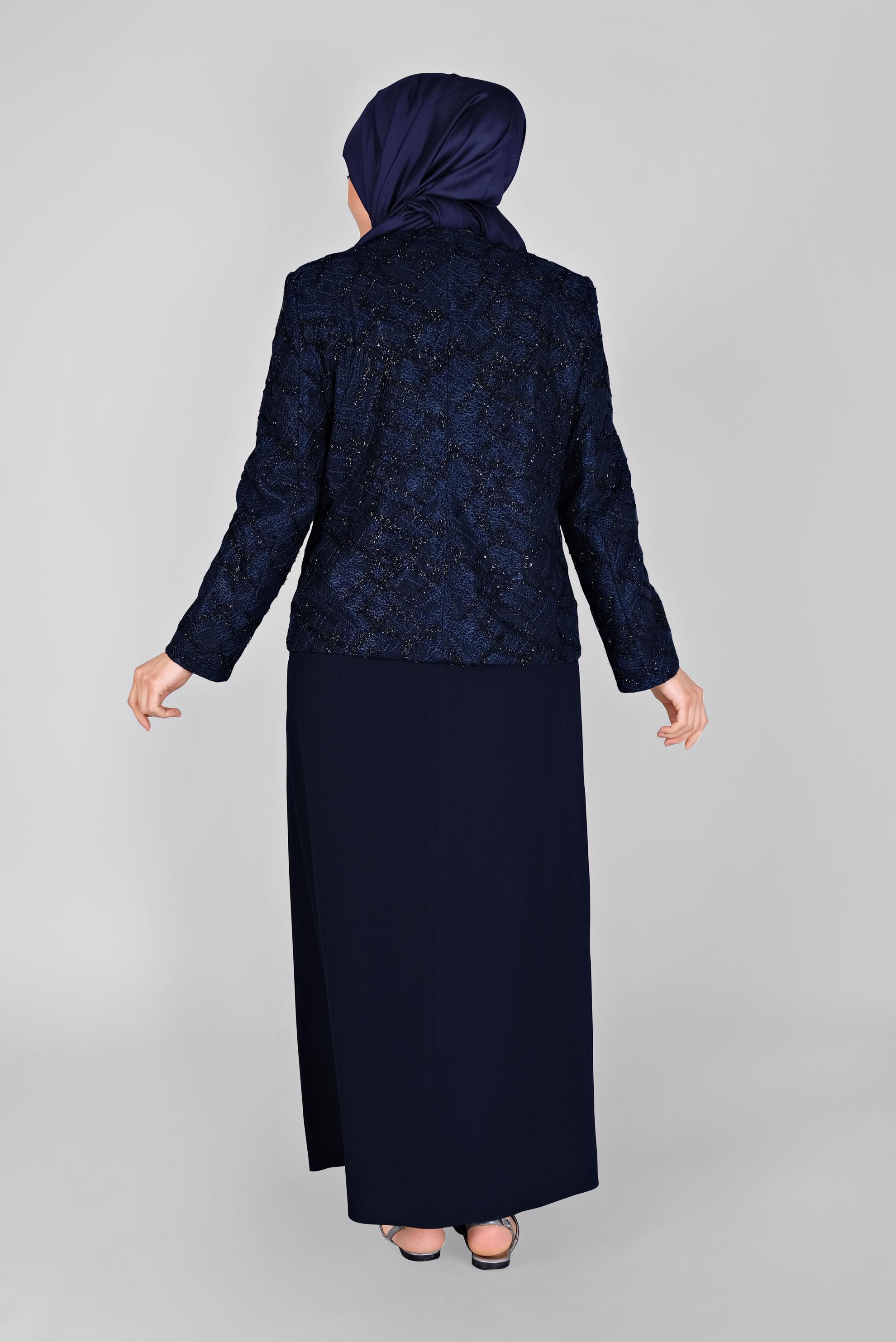 Vêtements hijab BLEU MARINE COSTUME JUPE 3 PIÈCES AVEC DENTELLE DÉTAILLÉ PIERRE 30162