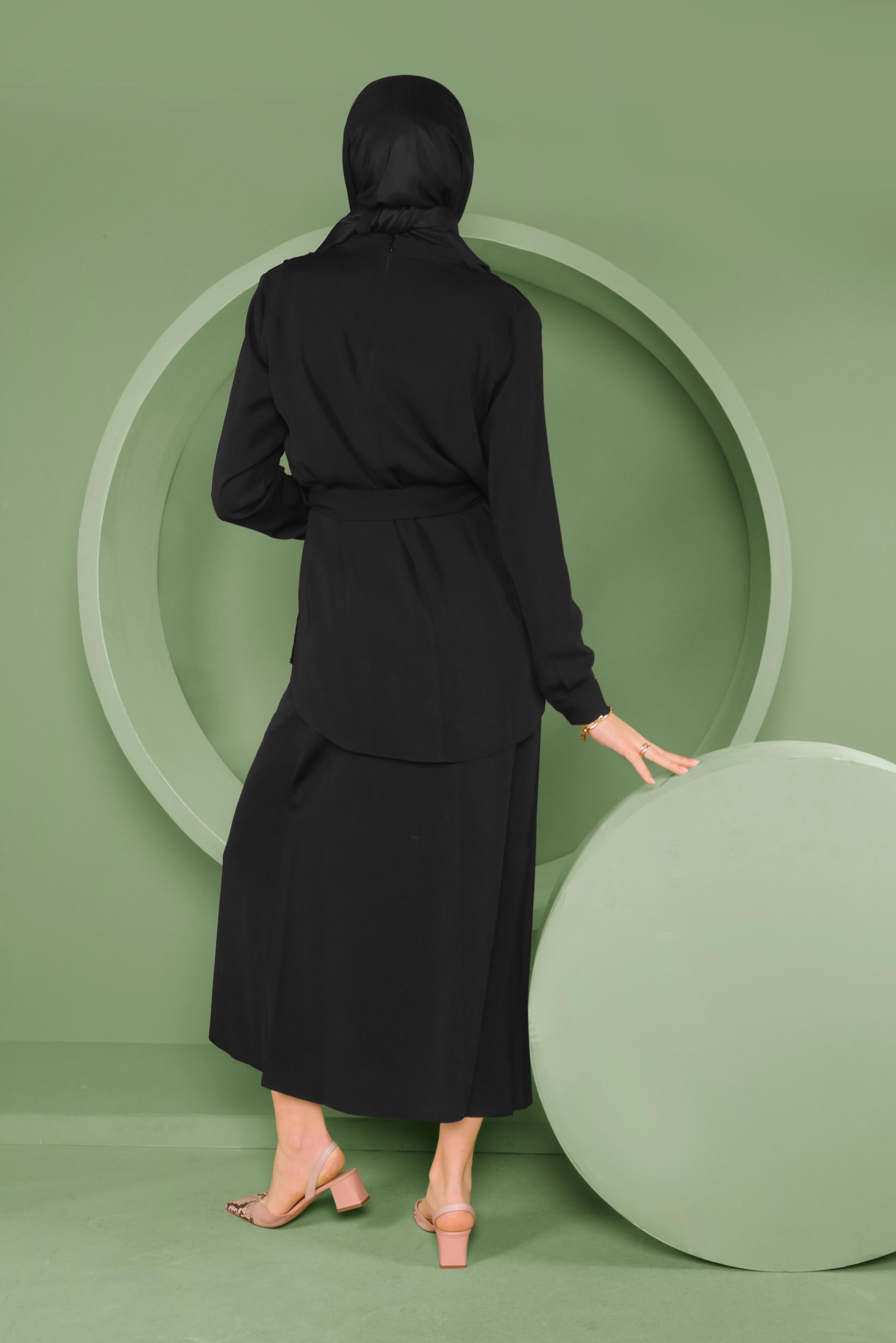Tesettür giyim SİYAH KUŞAKLI İKİLİ ETEKLİ TAKIM 41358