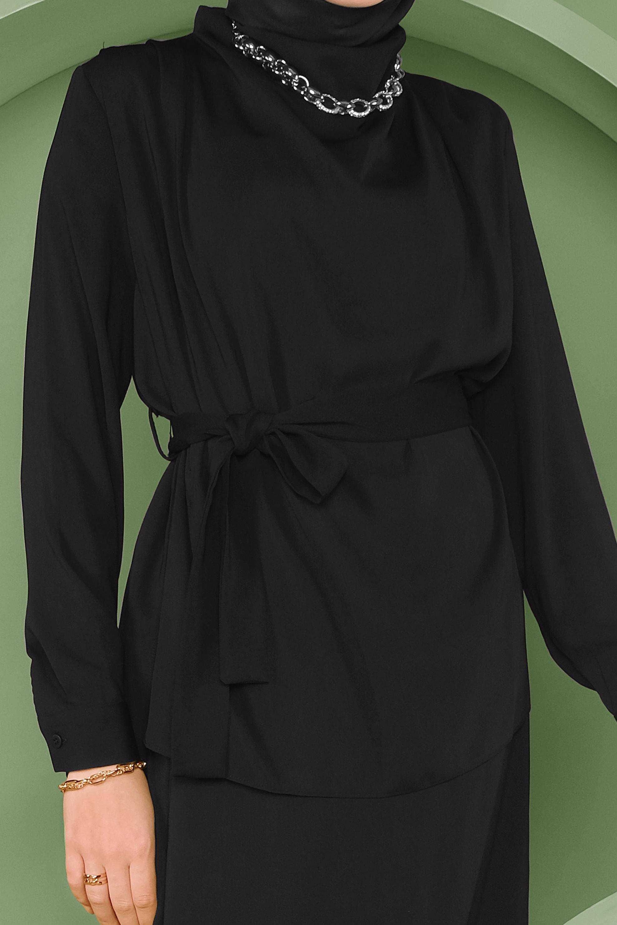 Tesettür giyim SİYAH KUŞAKLI İKİLİ ETEKLİ TAKIM 41358