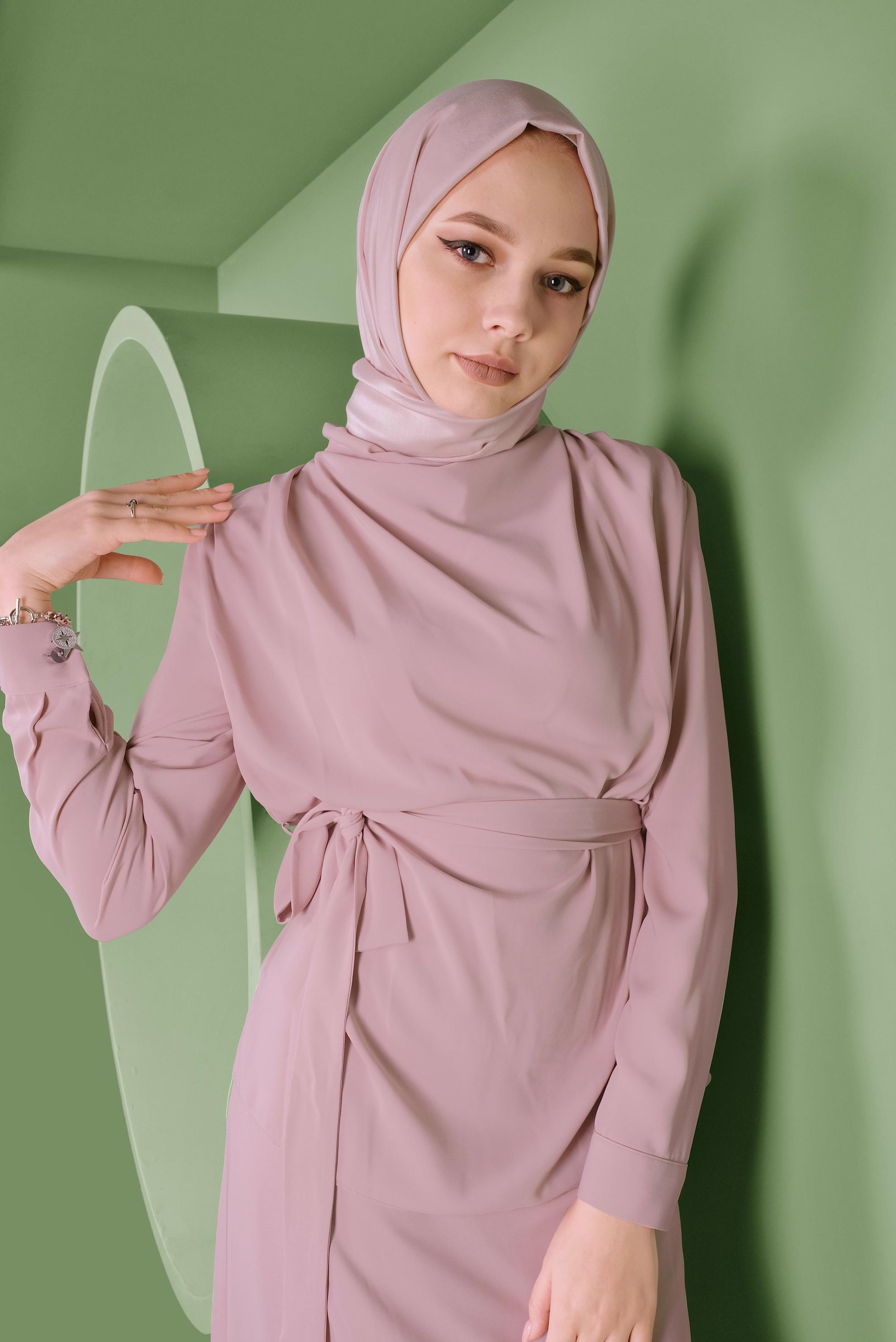 Tesettür giyim PUDRA KUŞAKLI İKİLİ ETEKLİ TAKIM 41358