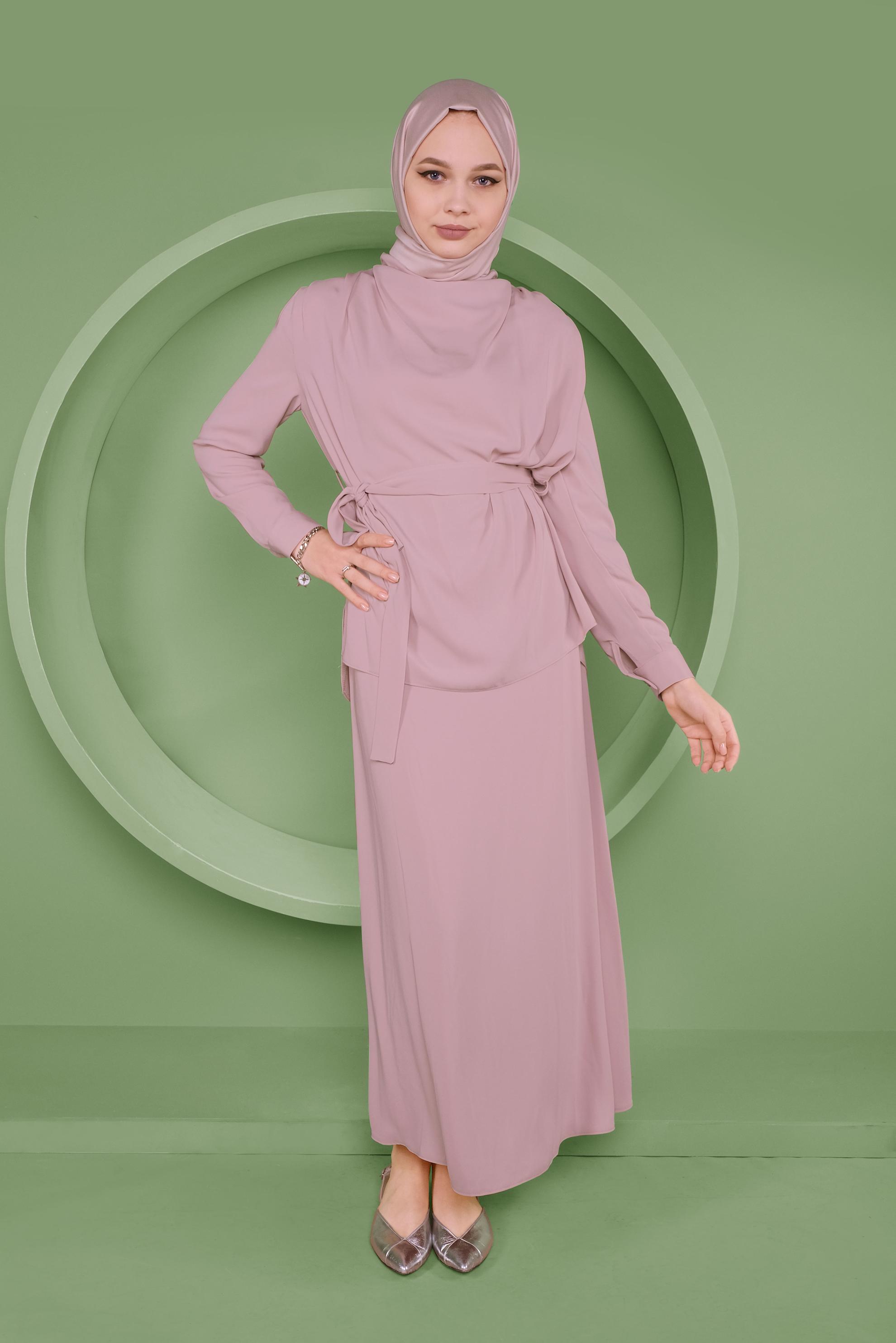 Tesettür giyim PUDRA KUŞAKLI İKİLİ ETEKLİ TAKIM 41358