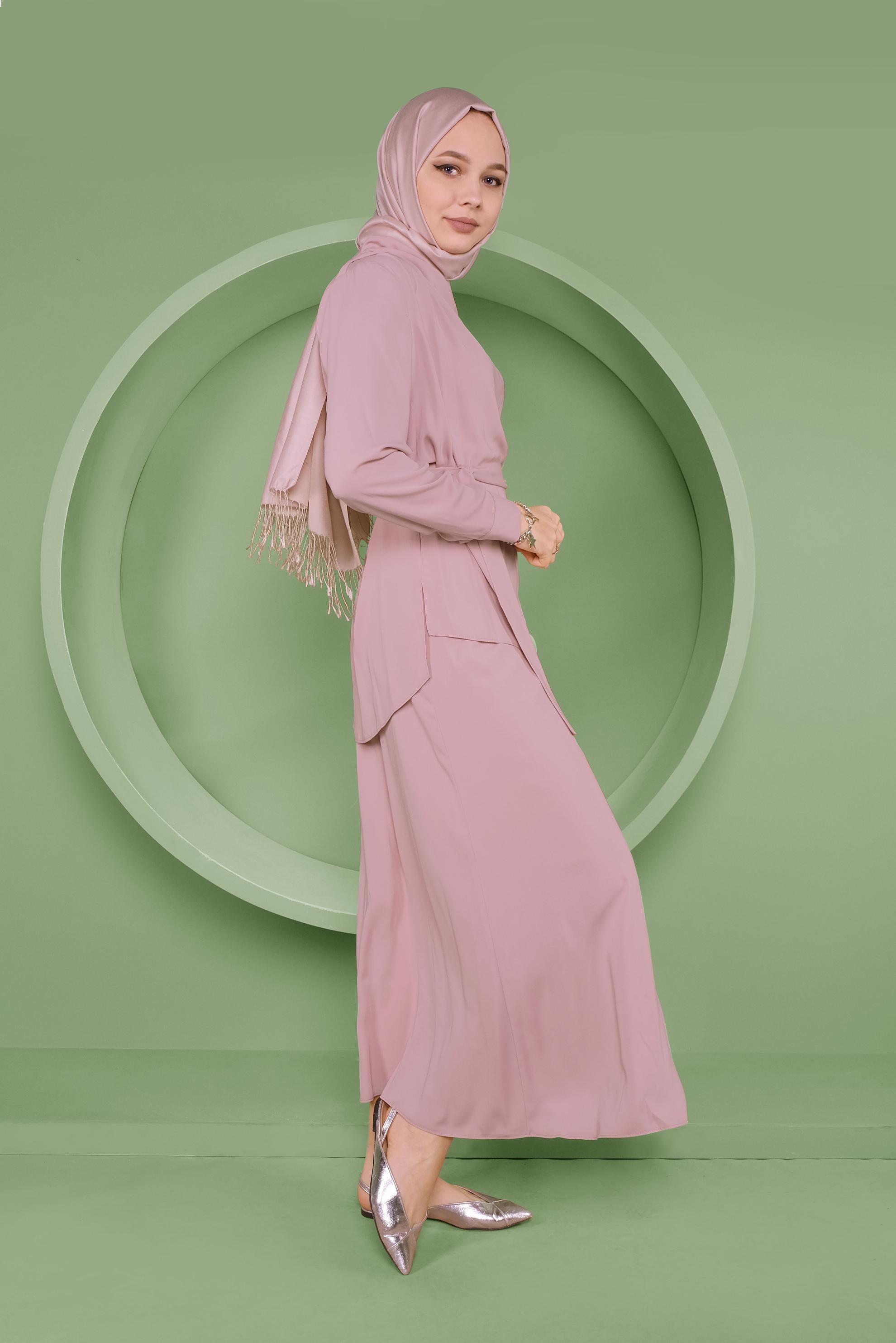 Tesettür giyim PUDRA KUŞAKLI İKİLİ ETEKLİ TAKIM 41358