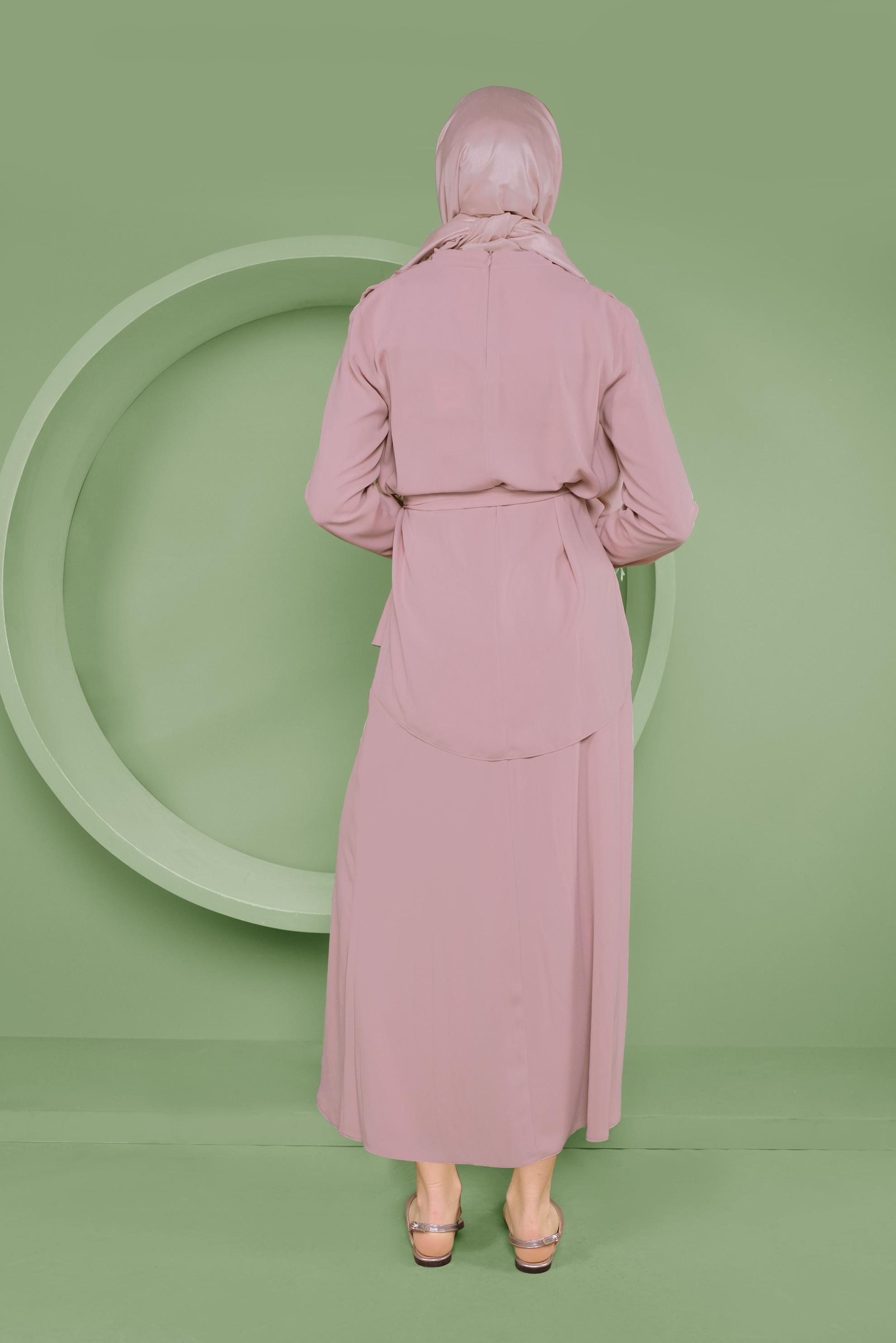 Tesettür giyim PUDRA KUŞAKLI İKİLİ ETEKLİ TAKIM 41358