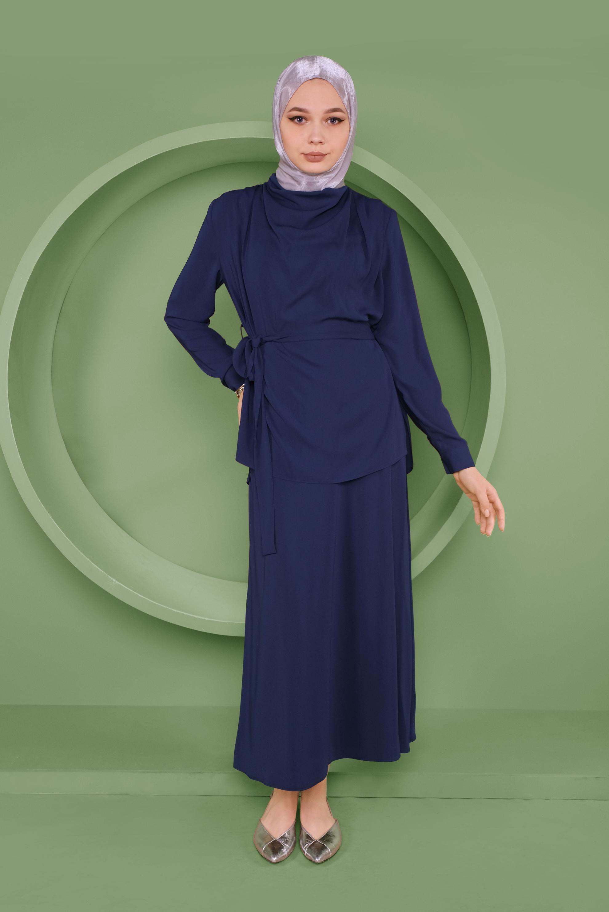 Tesettür giyim LACİVERT KUŞAKLI İKİLİ ETEKLİ TAKIM 41358